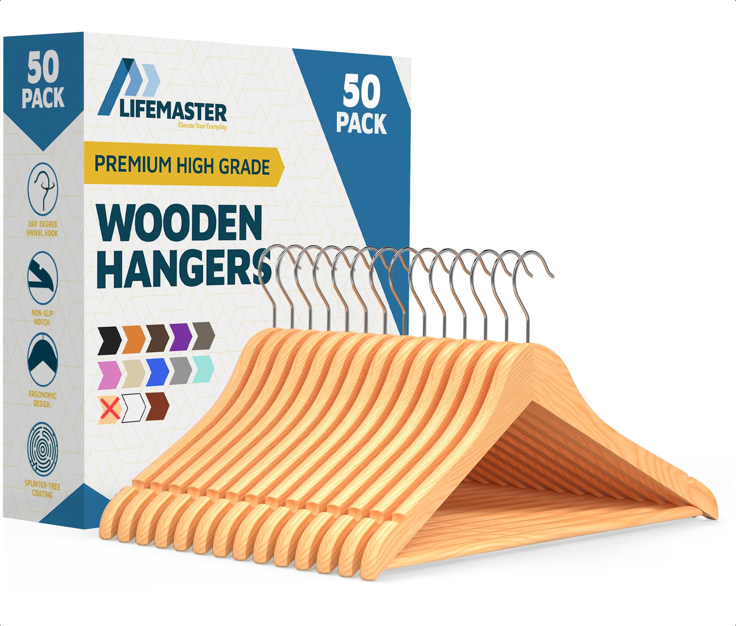 Lifemaster Wooden Hanger Set - 50 Pieces Non-Slip Versatile Closet Space-Saving Hanger Set for Suit, Coat, Camisole, Jacket, Pants, and Dresses with Rotating Swivel Hook - Natural Wood