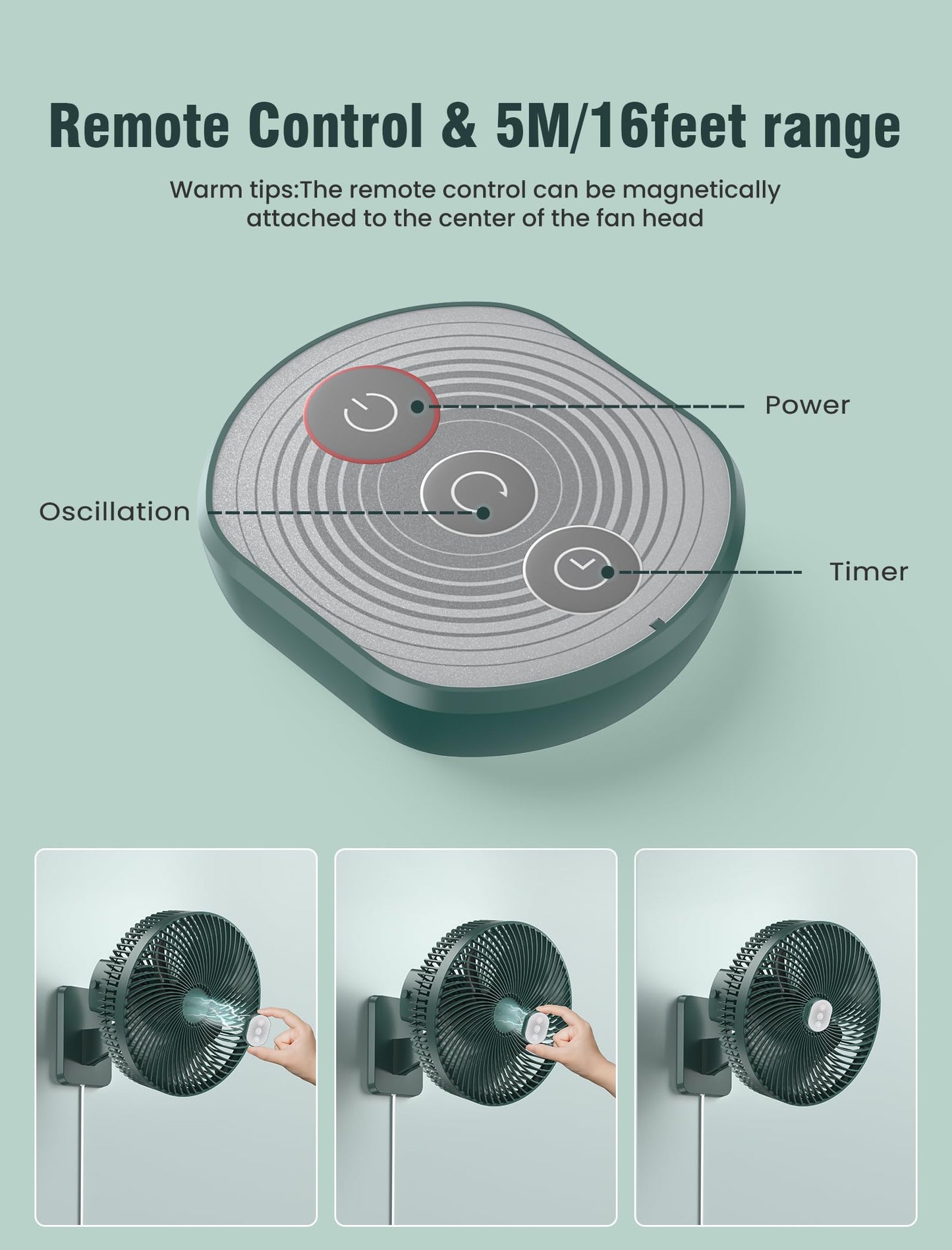 10-Inch Wall Mount Oscillating Fan with Remote and Timer, Small RV Fan with Powerful 4 Speeds, 90° Oscillation,60° Adjustable Tilt, 5.92 ft Wire, Quiet Corner Fans for Bedroom, Indoor Bathroom