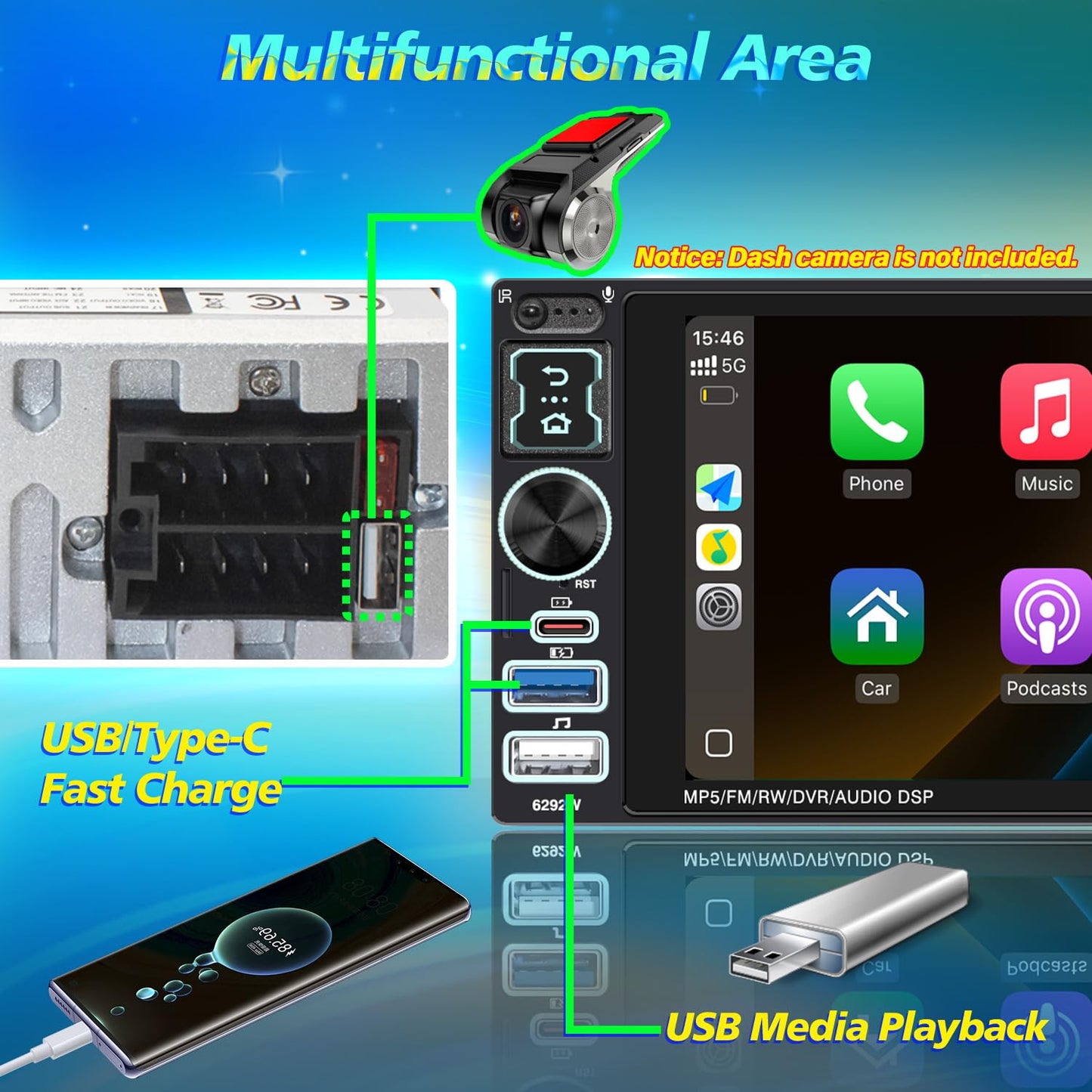 Single Din Car Stereo with Wireless Apple Carplay & Android Auto, 6.9" IPS Touchscreen Radio Bluetooth 5.2, Physical Knob Control, Waterproof Backup Camera, FM, MirrorLink, USB/Type-C, Navigation
