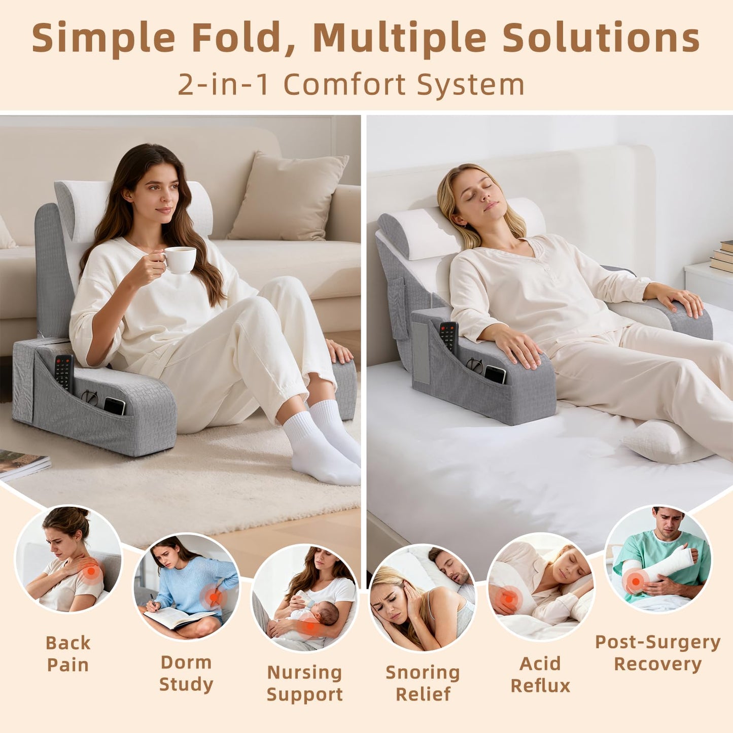 ESUERDO 5PCS Reading Pillow for Sitting in Bed Adult, 2 in 1 Foldable Back Wedge Pillow for Sleep, Ergonomic Back Support Pillow with Arms for Watching TV, Gaming, Working, Recovery, 19” White/Grey