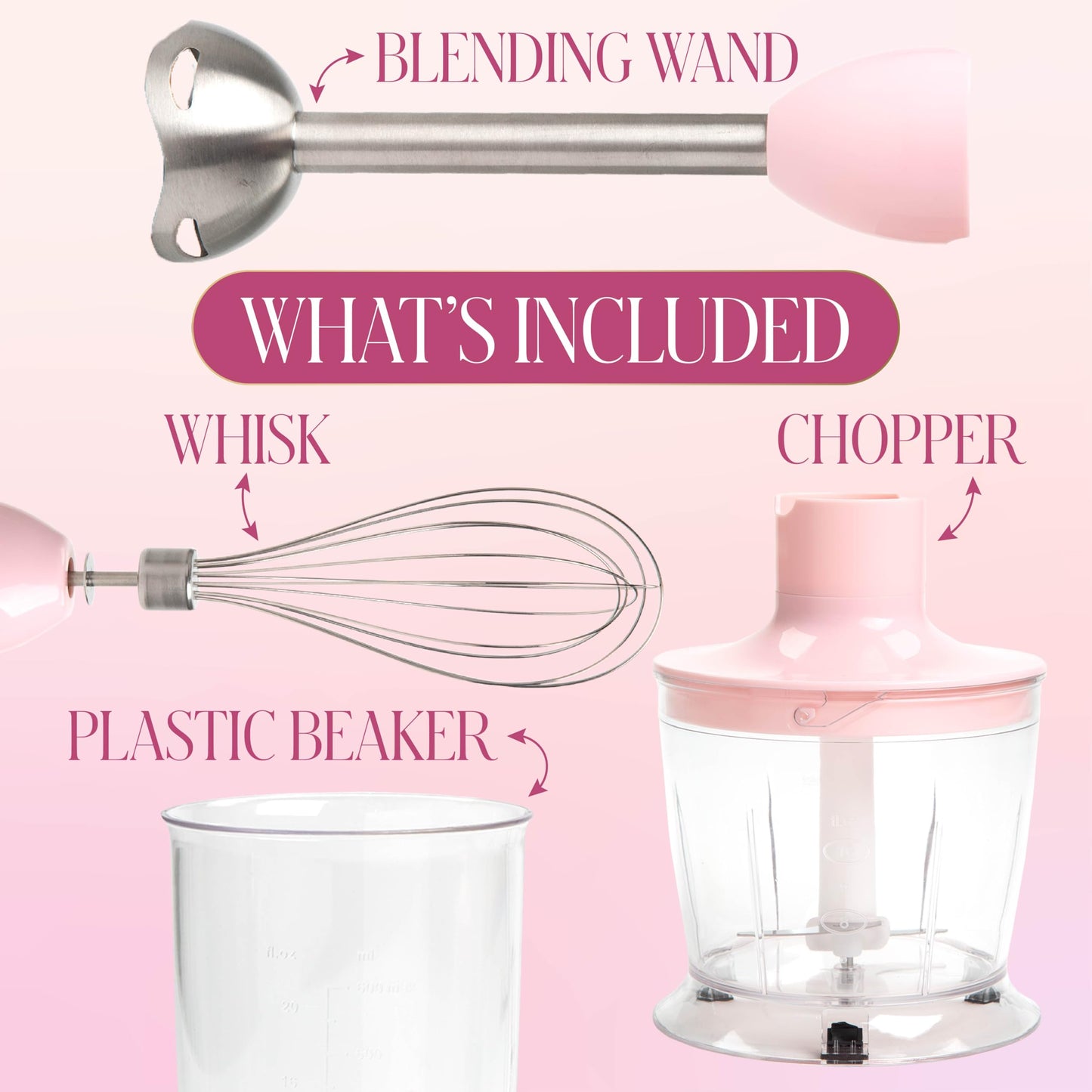 Paris Hilton Hand Blender Set, 3-in-1 Immersion Blender with Whisk, Blending & Chopper Attachments, 400W High Speed, Pink with Gold Accents, Handheld Blender for Smoothies, Soups, Sauces, Cream, Pink