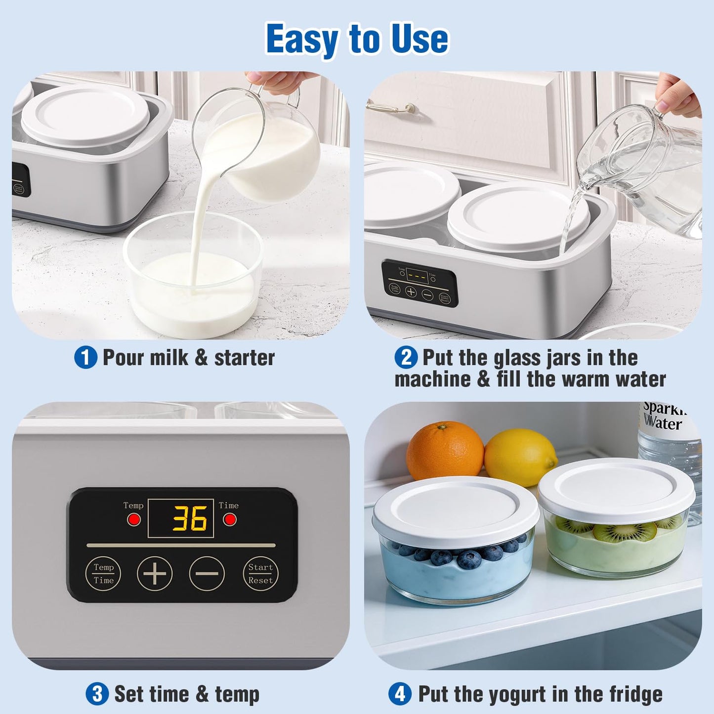 Yogurt Maker with Adjustable Time and Temp Control, Yogurt Maker Machine with Automatic Shut-Off & Constant Temper for Homemade Probiotic, Greek Yogurt, BPA-Free 2 Bowls 2 Quart (Grey)