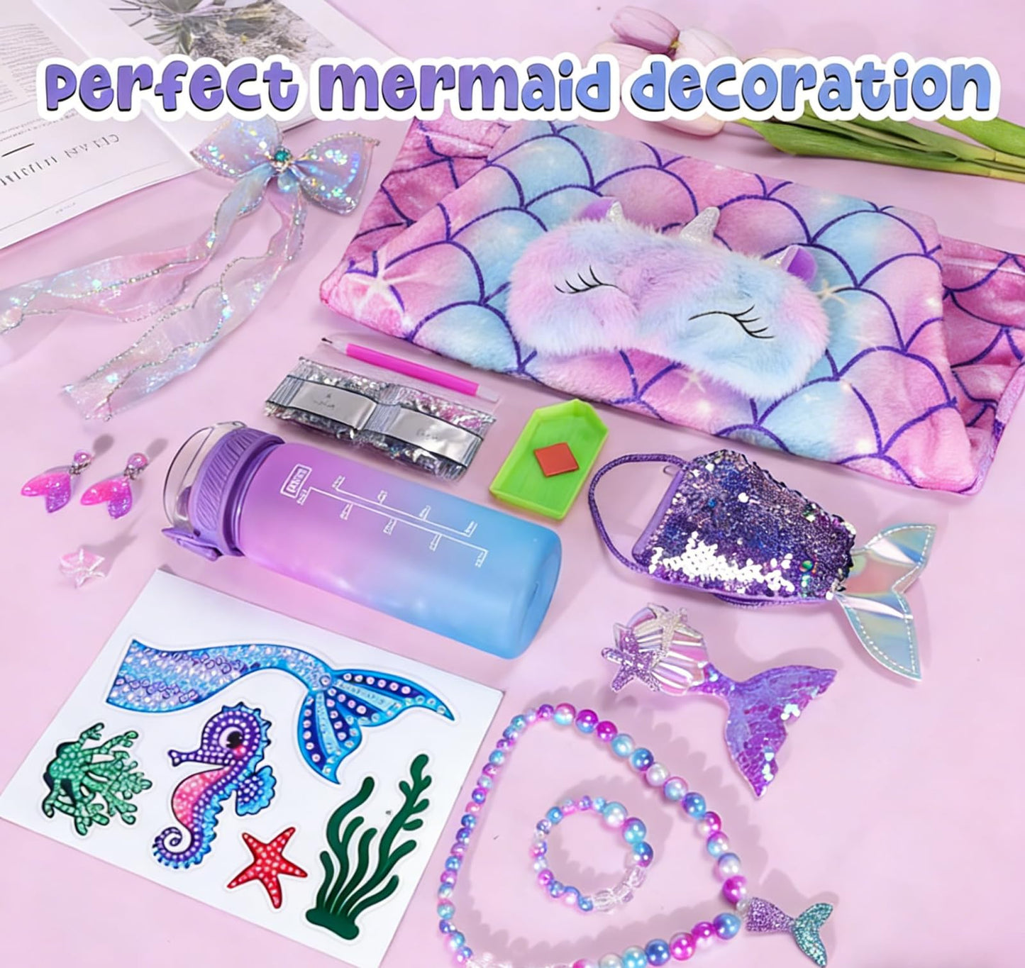 Mermaid Tail Blanket for Girls Valentines Easter Birthday Girl Gifts Diamond Art Kits with Soft Blanket and Water Bottle