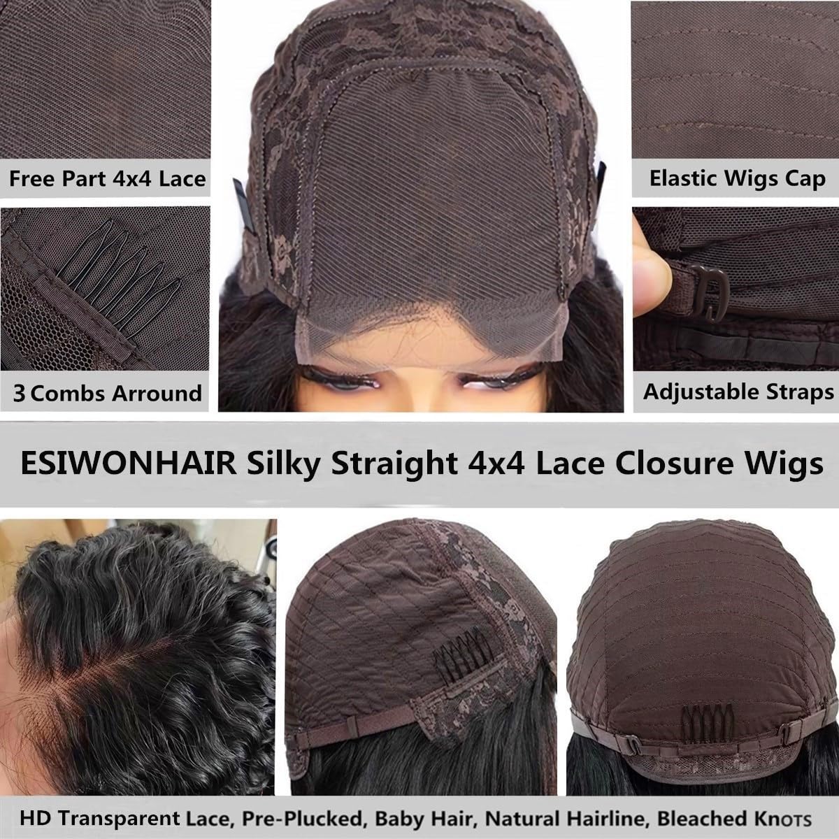 ESIWONHAIR Straight Glueless Wig Human Hair Pre-Plucked Pre Cut Lace Front Wigs for Black Women Brazilian Virgin HD Wear and Go 4x4 Lace Closure Wigs with Baby Hair (18Inch, Natural Color)