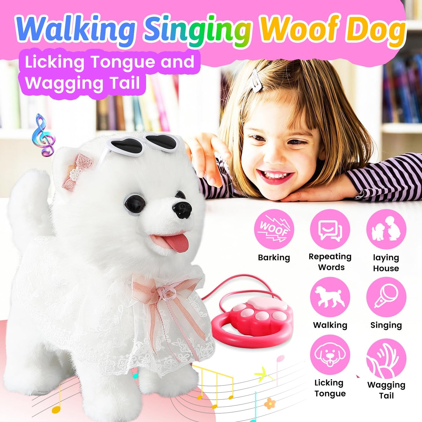 Walking Barking Singing Samoyed Puppy Toy, Repeats What You Say, Realistic Licking Tongue Wagging Tail Mechanical Dog with Touch or Voice Control, Interactive Music Dancing Plush Pet for Kids