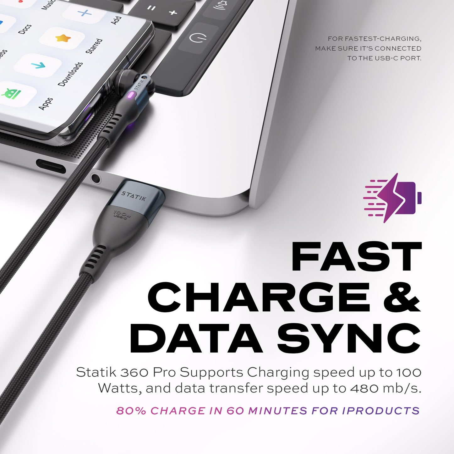 Statik 360 Pro Magnetic Charging Cable - Type C Charger Fast Charging 3 in 1 USB C to USB C Cable, Micro USB & iProduct Tips, USB A Adapter, Fits All Devices - 100W Fast Charger, Black 6FT/2M, 3 Pack