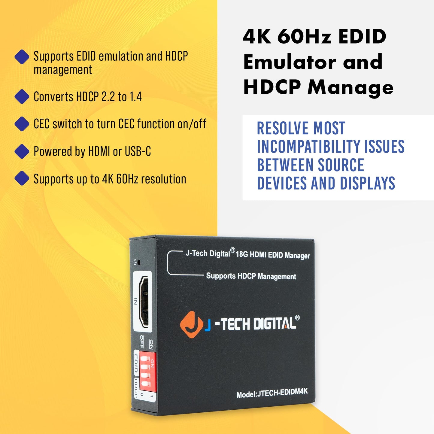 J-Tech Digital HDMI EDID Emulator HDCP Manager 4K60Hz Auto Downscaling, 8 EDID Modes & Custom EDID Settings, Power by USB C or HDMI, Supports CEC On/Off [JTECH-EDIDM4K]