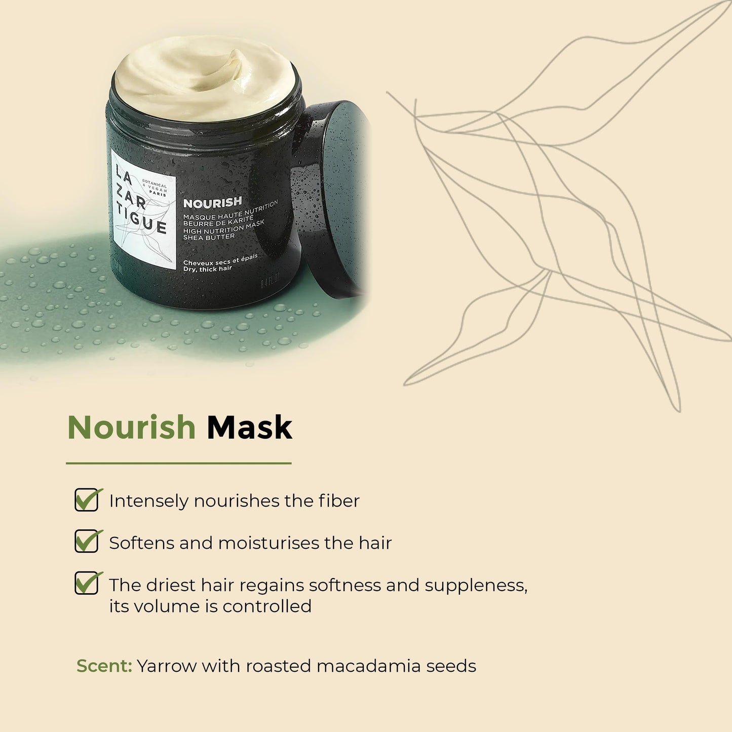 Lazartigue Nourish Mask - Moisturizing, Conditioning Treatment With Coconut Oil And Shea Butter - Non-Greasy, Easy Rinse, Super Creamy Formula - 100% Vegan, Sulfate And Silicone Free - 8.4 Oz