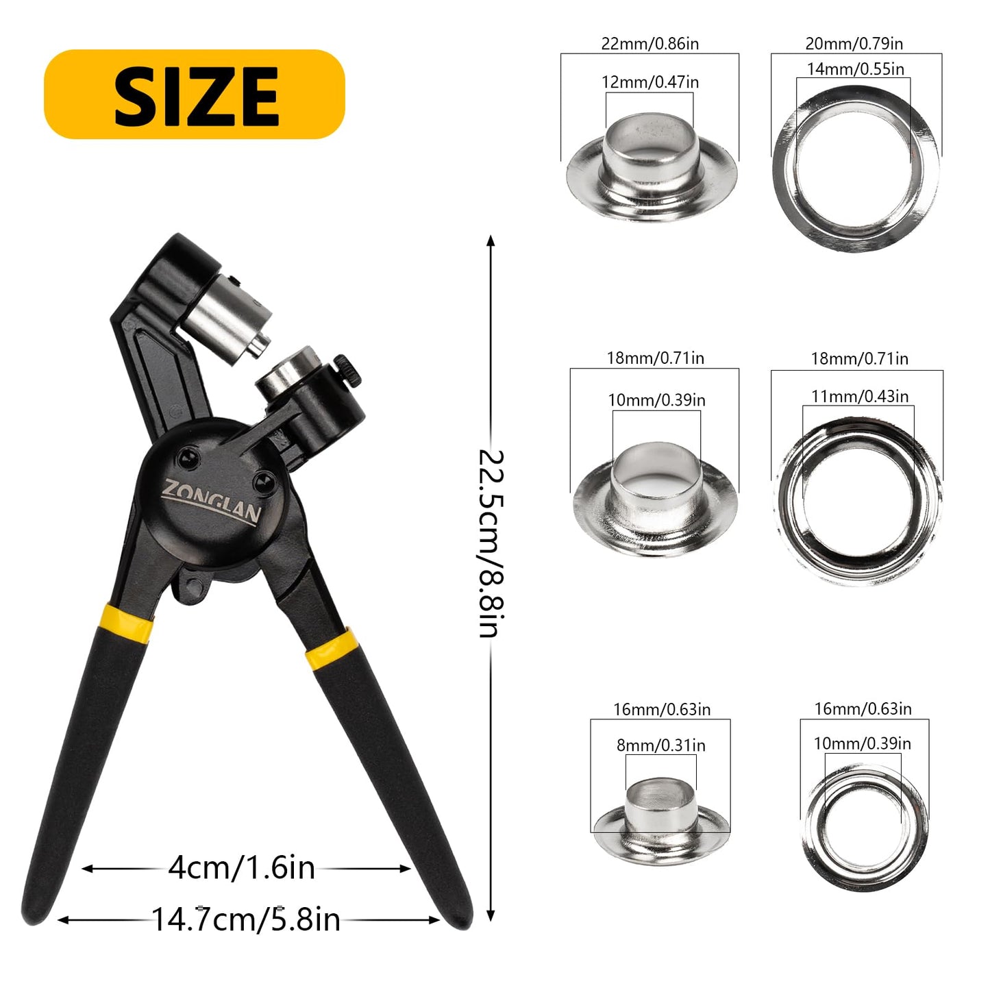 zonglan Heavy Duty Grommet Tool Kit of 1/2" 5/16" and 3/8",Multi Size Handheld Eyelet Tool Plier Rivet Press with 900 pcs Silver Grommets for Tarp Leather Fabric