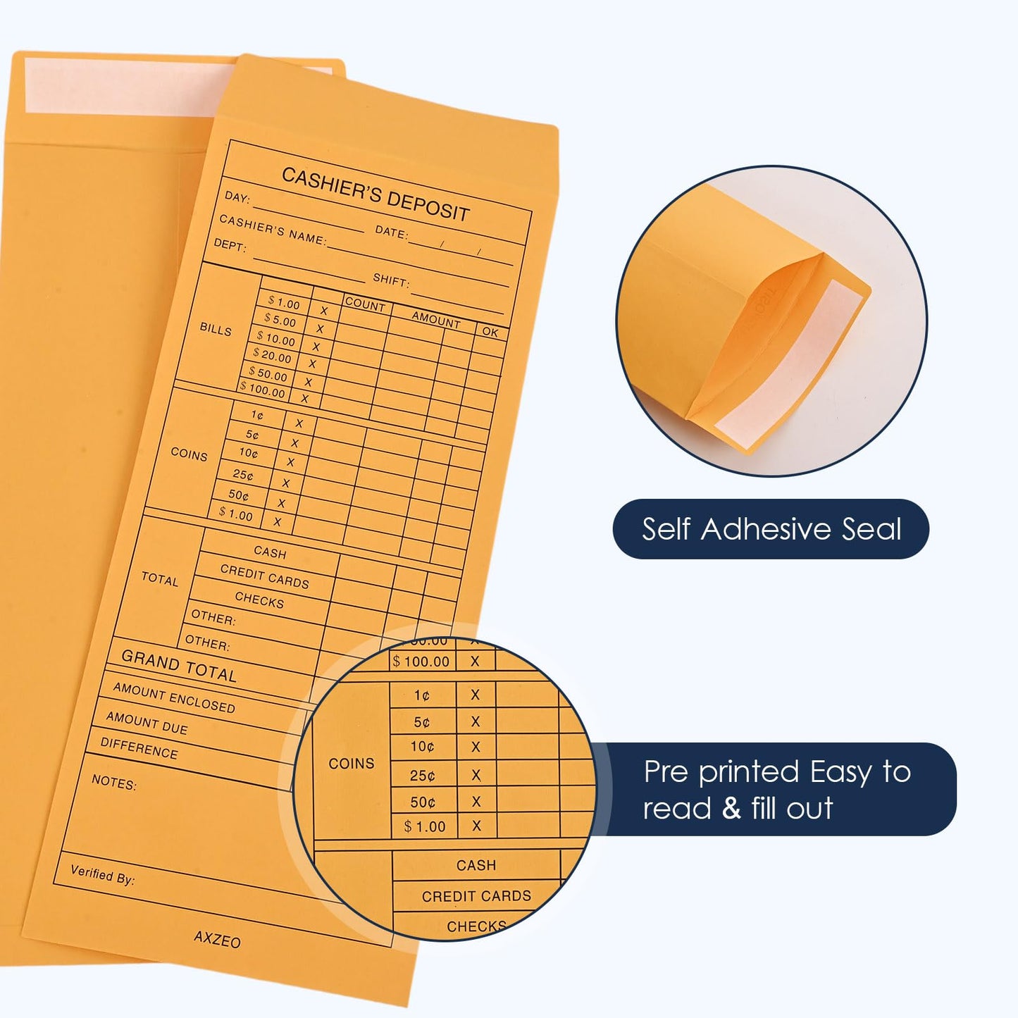 Axzeo #11 Cash Deposit Envelopes, 500-Count Self-Sealing, 28lb Brown Kraft Paper Envelopes for Small Business, Retail, Restaurant
