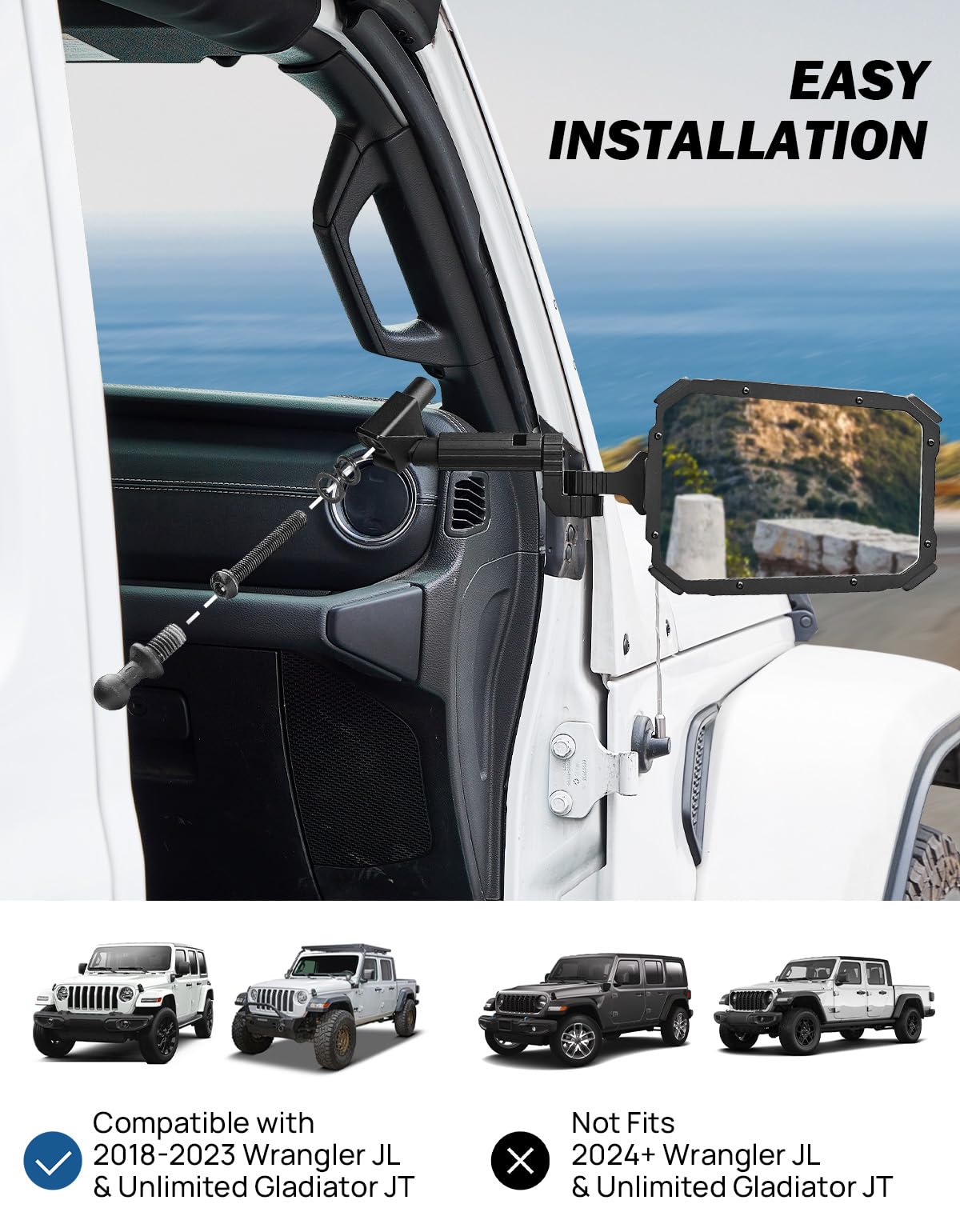 JOYTUTUS Mirrors Doors Off for 2018-2023 Wrangler JL/JLU & Gladiator JT (NOT FIT 2024 2025 Wrangler & Gladiator JT), Adjustable Anti-Vibration Design with Universal Ball Adapter for Phone Mounts