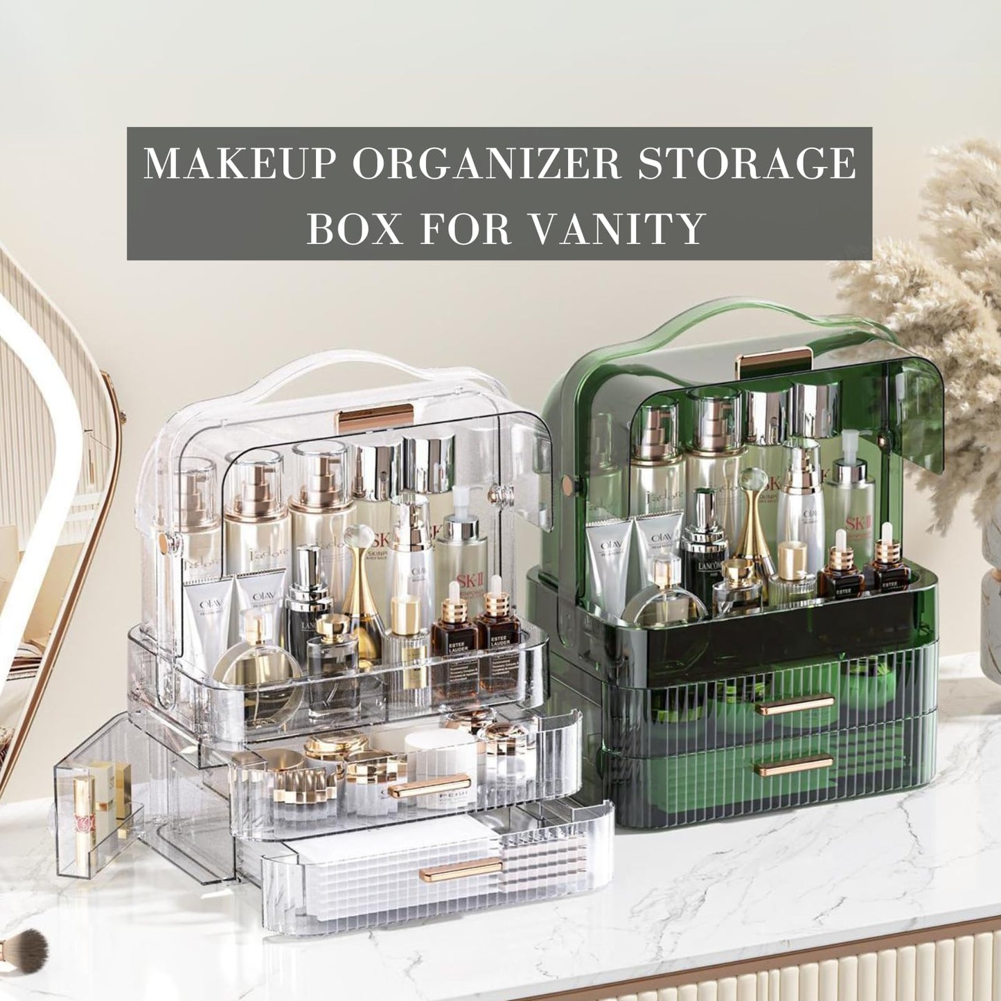 LINFIDITE Cosmetics Storage Box Transparent Lid Large Makeup Organizer Box Drawers Portable Handle Waterproof Dustproof Skincare Display Cases for Countertop, Bathroom, Dresser,Gift Clear Green