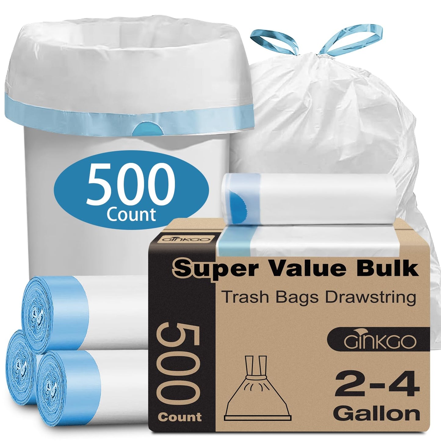 Small Trash Bags 2-4 Gallon, 500 Count Super Value Bulk Drawstring Garbage Bags, Mini Plastic Trash Bags for Bathroom, Office, Bedroom, Wastebasket Trash Can Liners