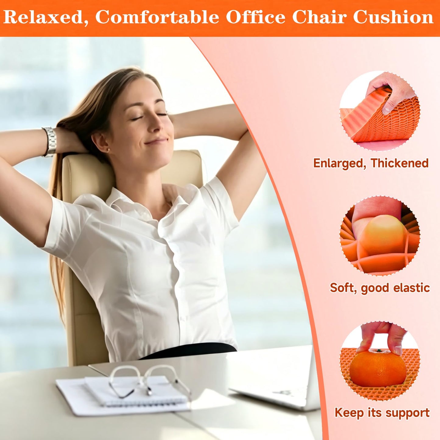 Wiesumirt Innovative Gel Seat Cushion for Long Sitting, Large Cooling Supportive Seat Cushion for Back, Sciatica, Tailbone Pain Relief, Used for Office, Wheelchair, Car, Home, Stadium, Kayak.(Orange)