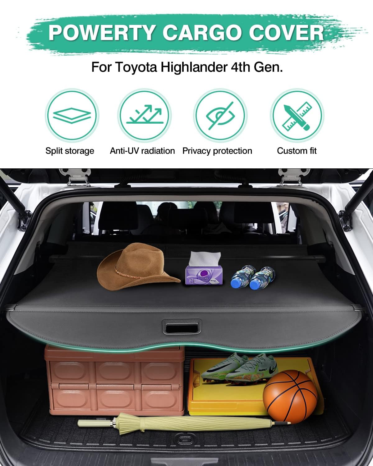 Powerty Cargo Cover for 2020-2025 2026 Toyota Highlander, Carbon Fiber Texture Trunk Cover Retractable Rear Trunk Cargo Luggage Cover Security Shield Shade for Toyota Highlander Accessories