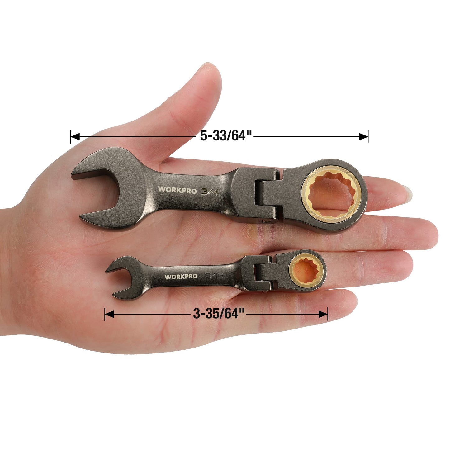 WORKPRO 8 Piece Flex Head Stubby Ratcheting Combination Wrench Set, SAE 5/16-3/4 in, 72-Teeth, CRV, Nickel Plating with Rolling Pouch