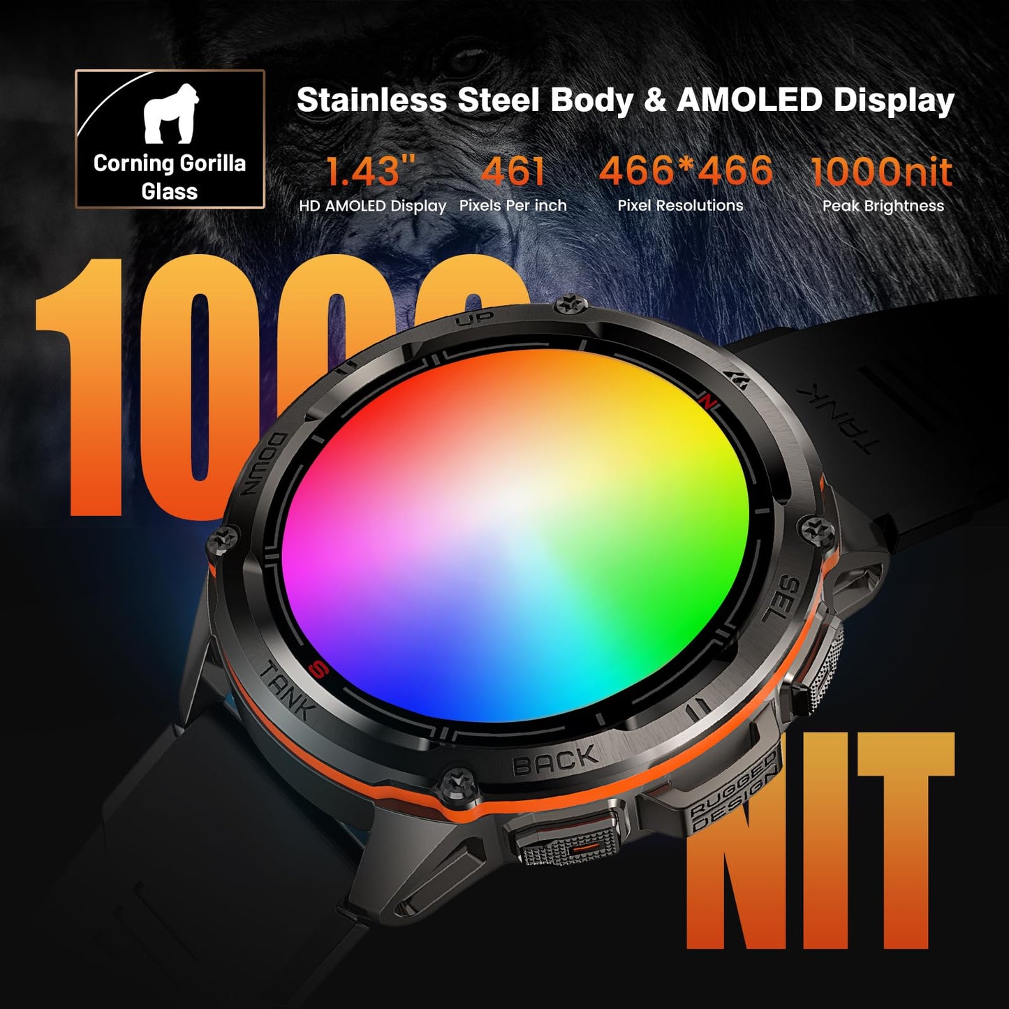 AMAZTIM GPS Smart Watch for Men, 6 Satellite Positioning, Compass, Stainless Steel Body, 50M Waterproof, 470mAh Extra-Large Battery, Answer/Make Call, 1.43" AMOLED Screen, Compatible for Android iOS