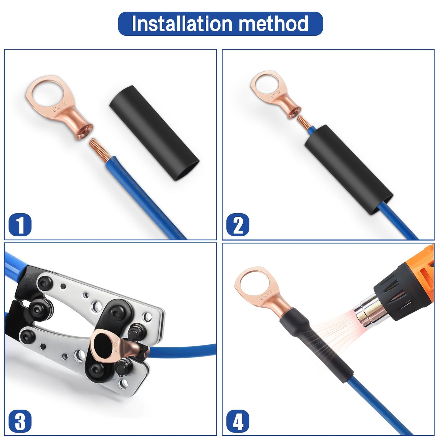 XHF 100PCS 2/0 AWG-3/8 Heavy Duty Battery Lugs with 3:1 Heat Shrink Tubing, Ring Terminals Battery Cable Ends Copper Eyelets Electrical Battery Connectors