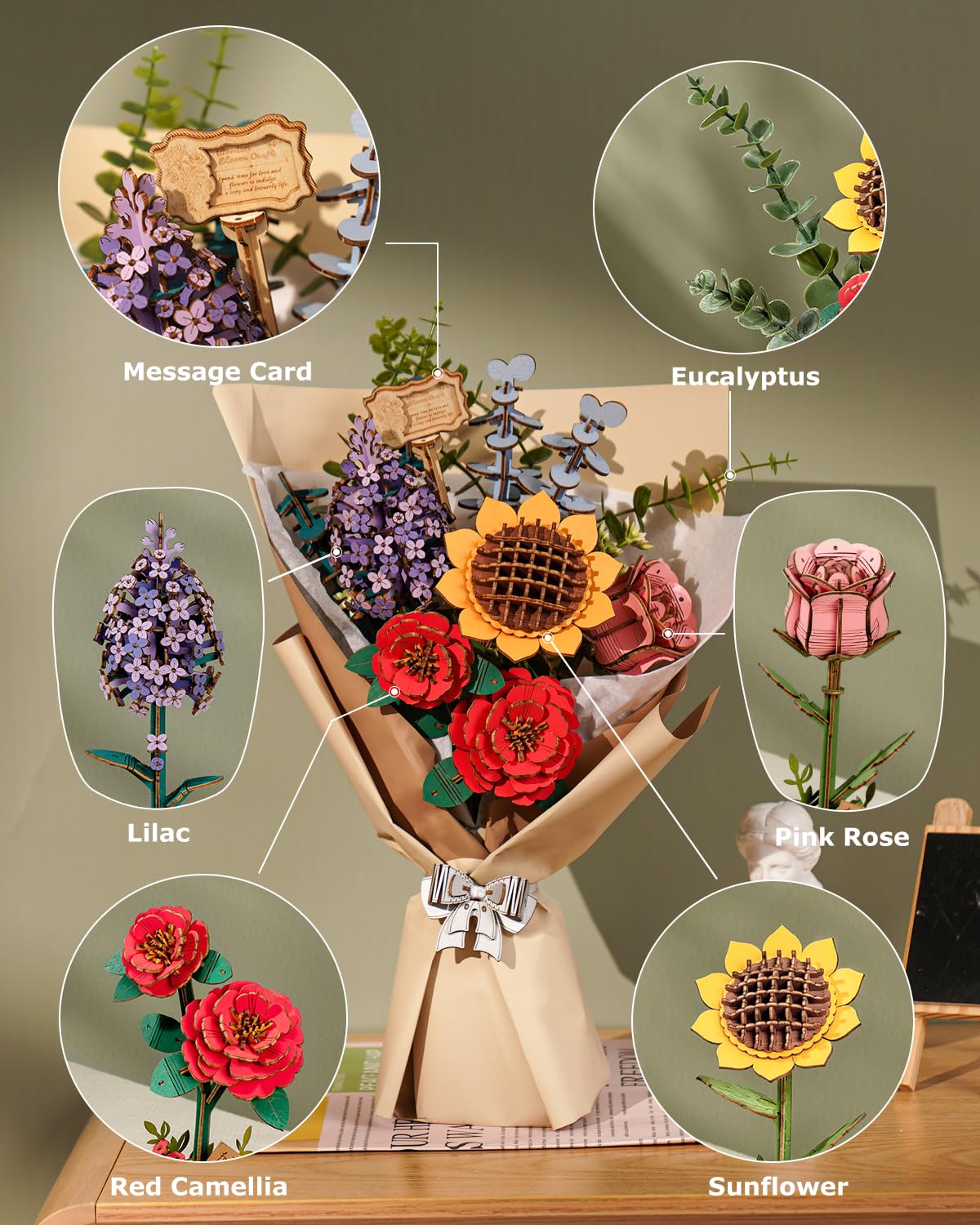 ROBOTIME Wooden Flower Bouquet Building Kit TW01H, Blossom Bouquet Wooden 3D Puzzles, Crafts for Adults Creative Gift
