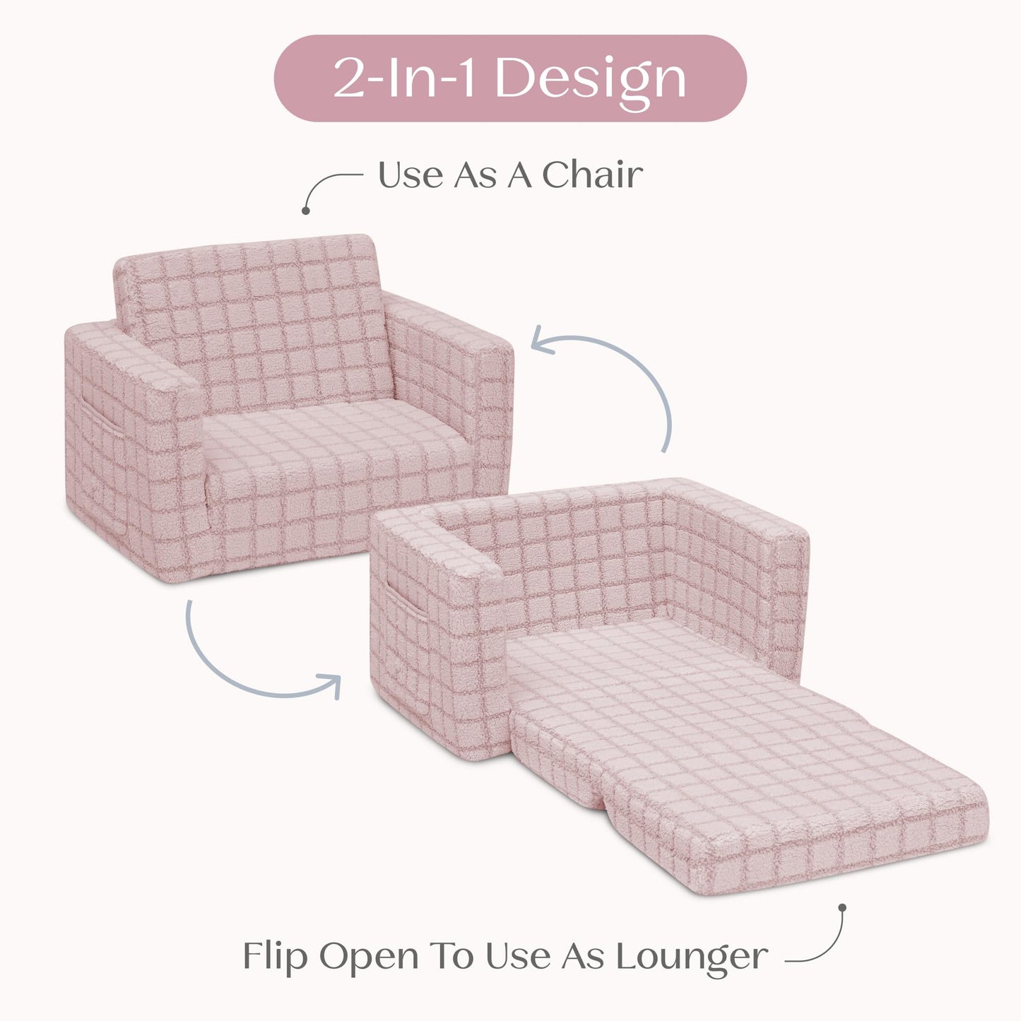 Delta Children Checkered Cozee Flip-Out Kids Chair, Snuggly Sherpa-Like Foam Convertible Armchair for Boys and Girls, Machine Washable Cover, Soft Comfy Toddler Seating for Playroom/Bedroom, Pink