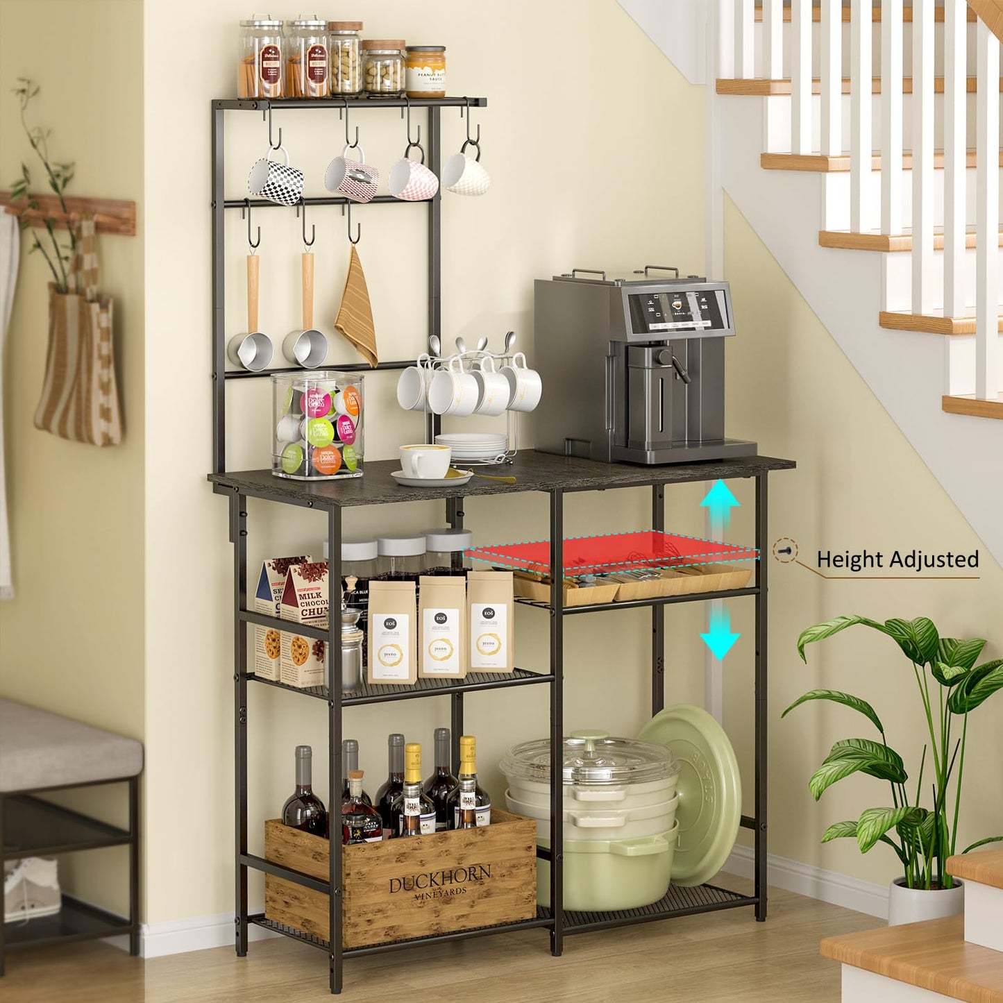 3IngSeagulls Baker's Rack for Kitchen with Storage, Microwave Stand with Adjustable Shelves, Kitchen Stand with 10 S Hooks, 6-Tier Coffee Bar Station, Storage Shelves for Spices, Pots, Gray