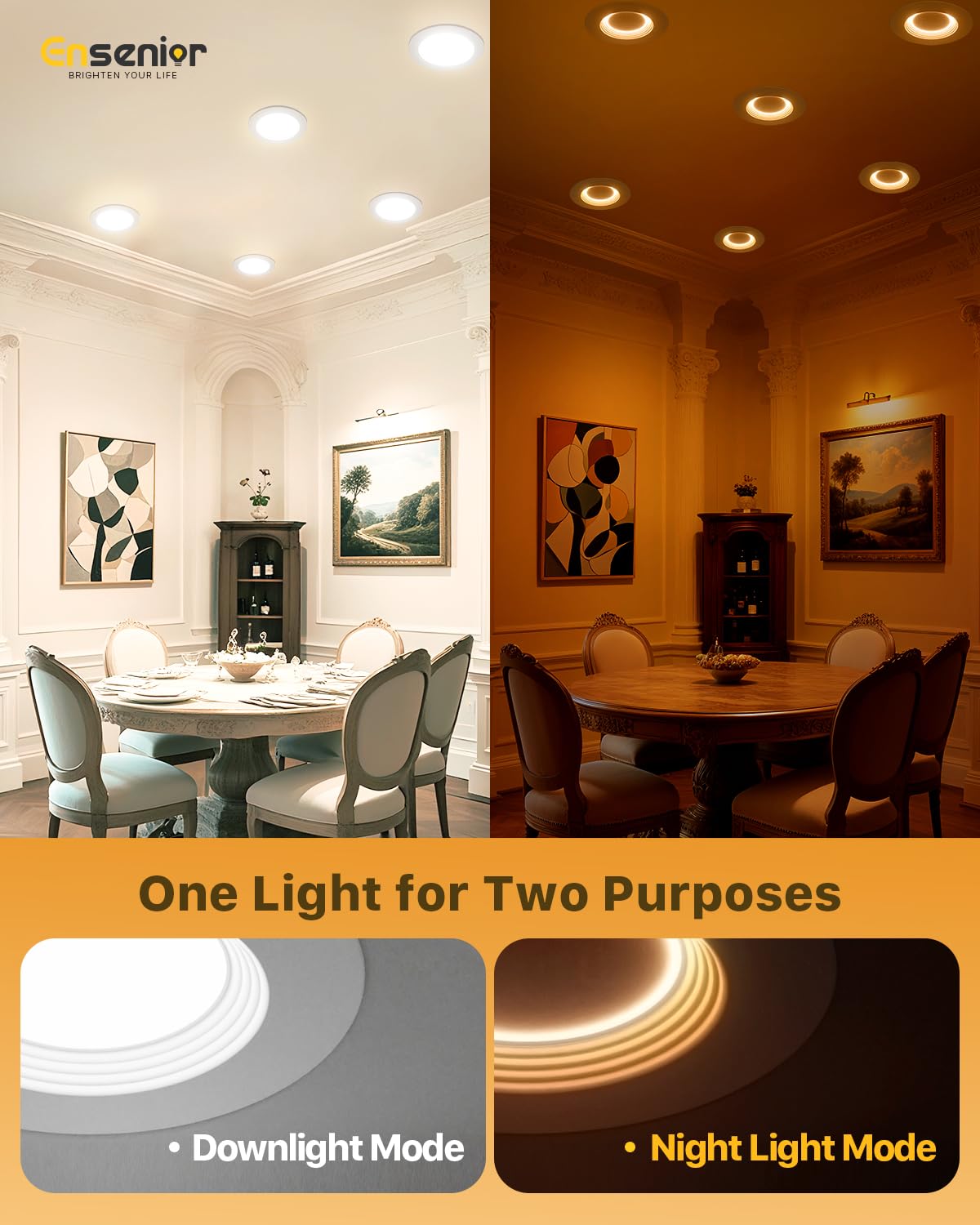 Ensenior 5/6 Inch 5CCT LED Can Lights with Night Light 12 Pack, Retrofit Led Recessed Lighting, Baffle Trim, Dimmable, 9W=110W, 1000LM, IC Rated - FCC