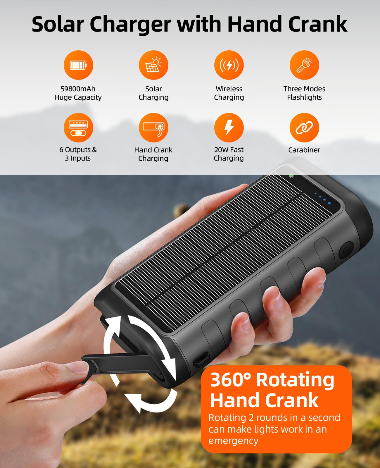 Solar Charger, 59800mAh Portable Power Bank for All Phones, Outdoor Waterproof Battery Pack Built in Hand Crank, 15W Wireless Charger 6 Outputs & 3 Inputs/LED Flashlights, Perfect for Camping Travel