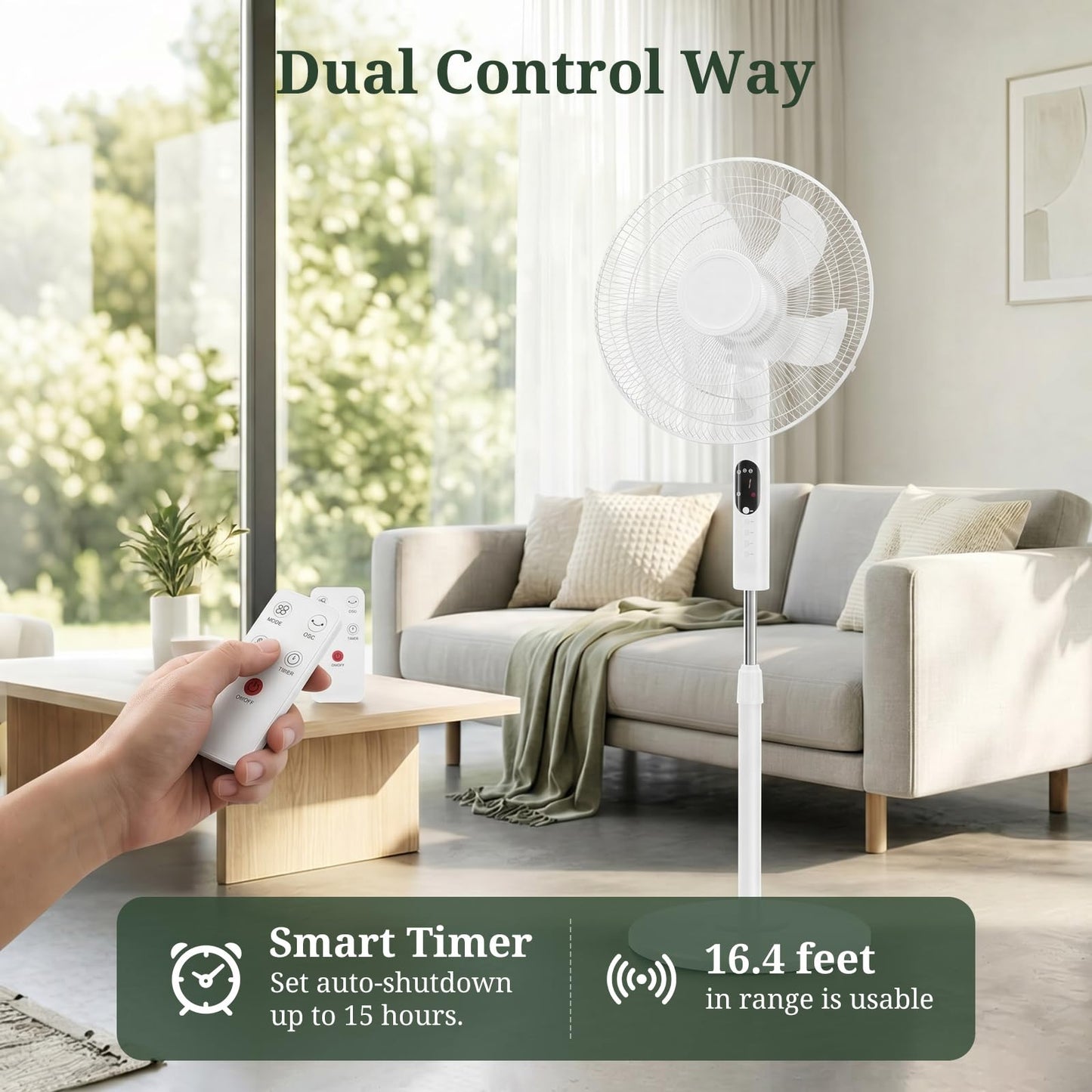 Pedestal Fan with Remote, Oscillation Standing Fan with 3 Speeds & 3 Modes, Electric Cooling Fans with Timer, Adjustable Height & Tilt Head, Quiet Floor Fan for Bedroom, Living Room, Office