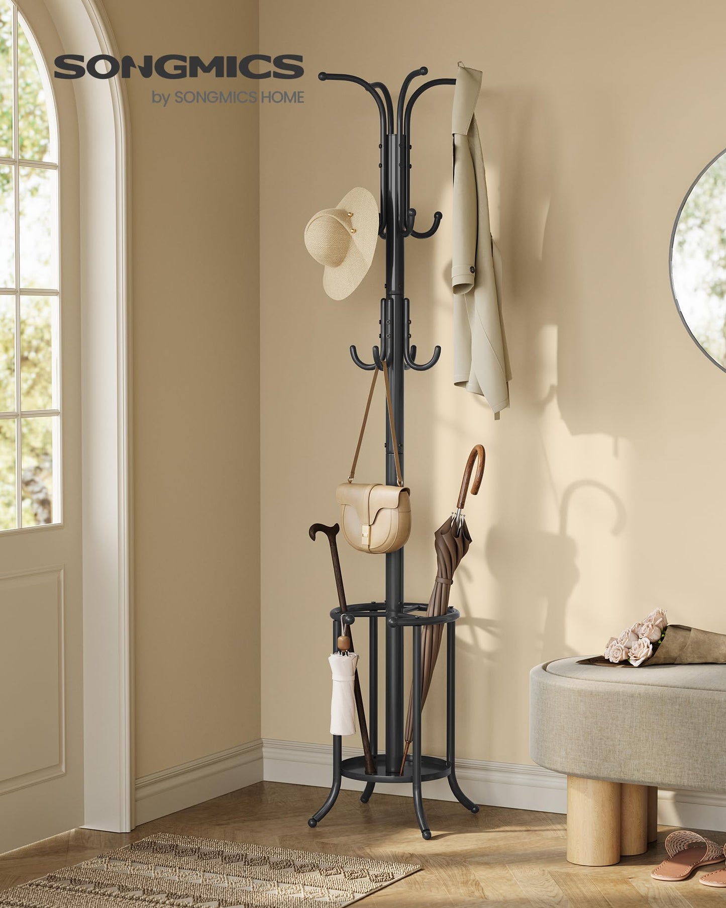 SONGMICS Coat Rack Freestanding, Coat Rack with Umbrella Holder, Metal Coat Rack Stand with 12 Hooks, for Entryway, Hallway, Living Room, Bedroom, Ink Black URCR011B01V1