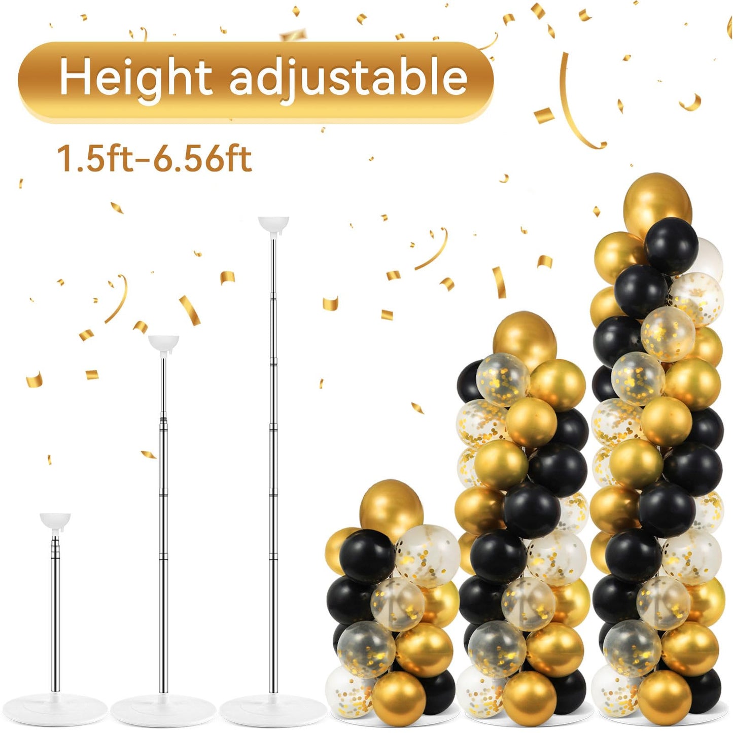 2 Set Black and Gold Balloons Column Stand Kit with 100 Balloons Adjustable Balloon Stand with Bases for Floor Black Gold Confetti Balloon Column Kit for Bridal Shower Valentine Birthday Party Decor