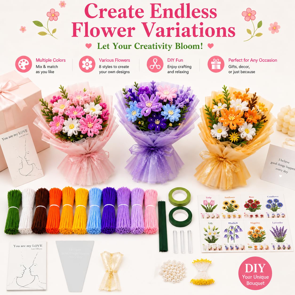 790 PCS Pipe Cleaner Flower Kit, Flower Pipe Cleaner Bulk Set, Pipe Cleaners Pastel for Pipe Flowers, DIY Pipe Cleaner Bouquet Craft Supplies for Handmade Gifts