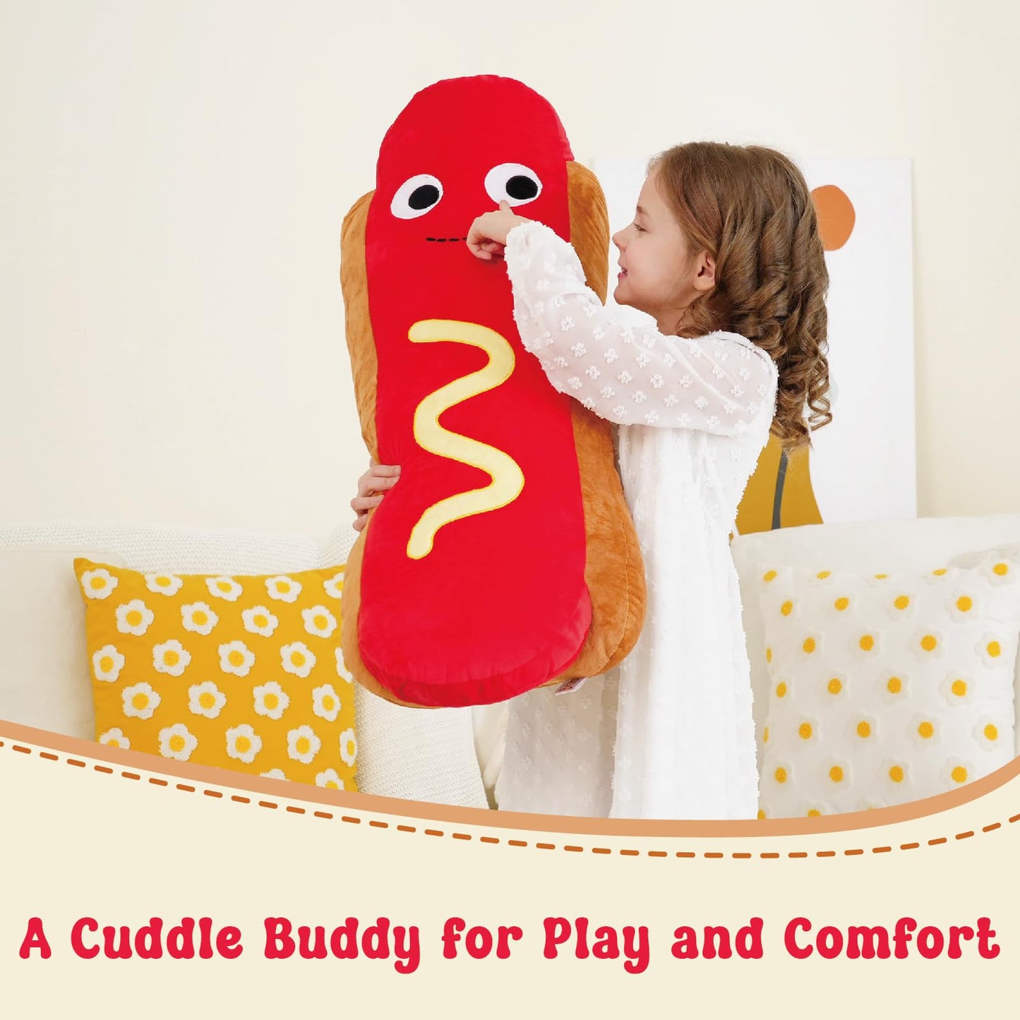 Zctghvy Giant Hot Dog Plush Pillow – 35 Inch Funny Food Plush Toy, Soft Stuffed Hot Dog Pillow, Oversized Hugging Cushion, Jumbo Plushie for Kids, Birthday