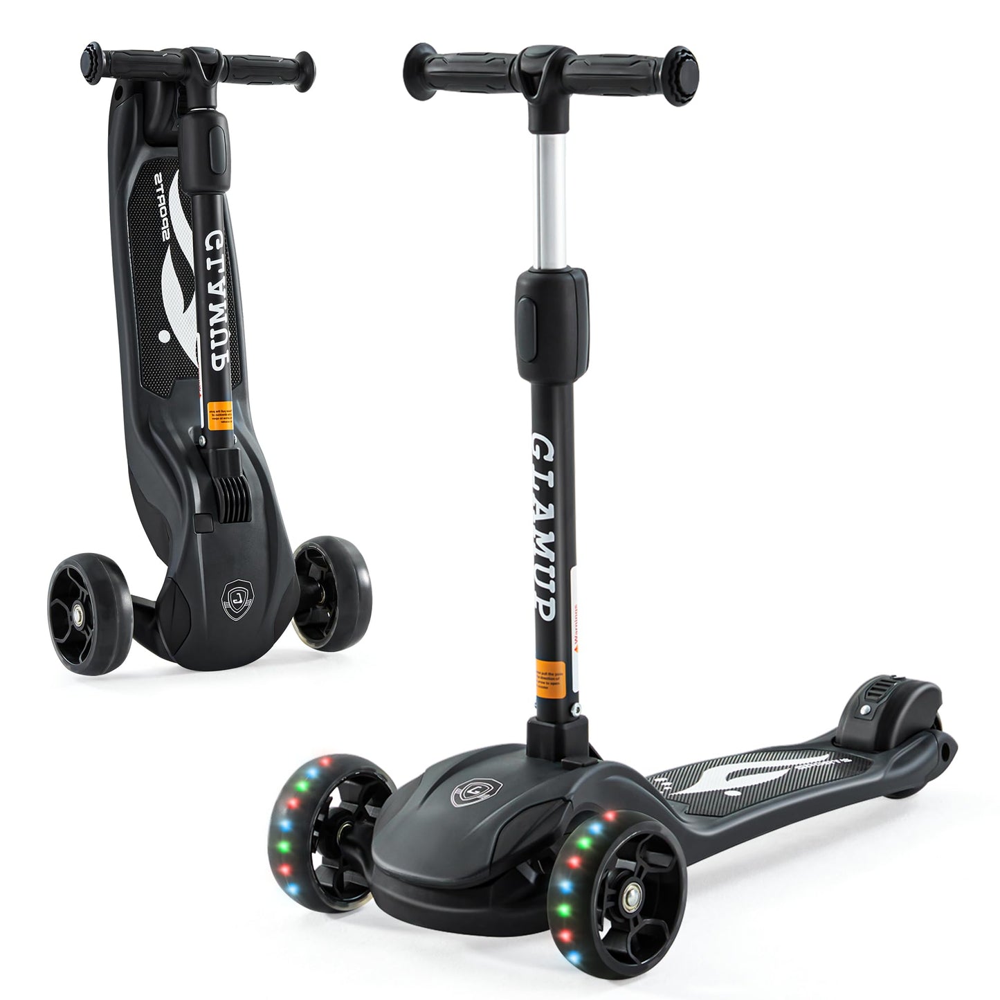 GLAMUP Kick Scooter Adjustable Height Adjustable Handlebar，Kids Scooter 3 Wheel with LED Lights，Suitable Kids Ages 2，Ages 6，Ages 8，Extra Wide Deck for Boys and Girls, Black