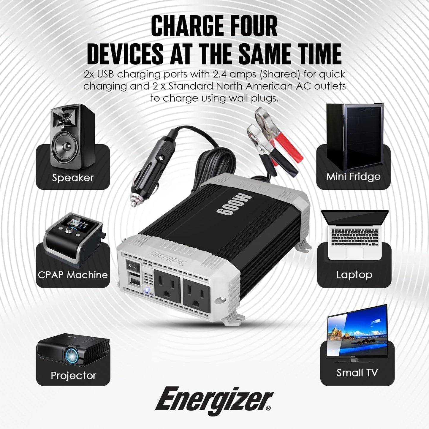 Energizer 600 Watt 12V DC to 110V AC Car Power Inverter, Modified Sine Wave, 2 Outlets, 2 USB Ports, Cigarette Lighter Plug & Clamps - ETL Approved Under UL STD 458