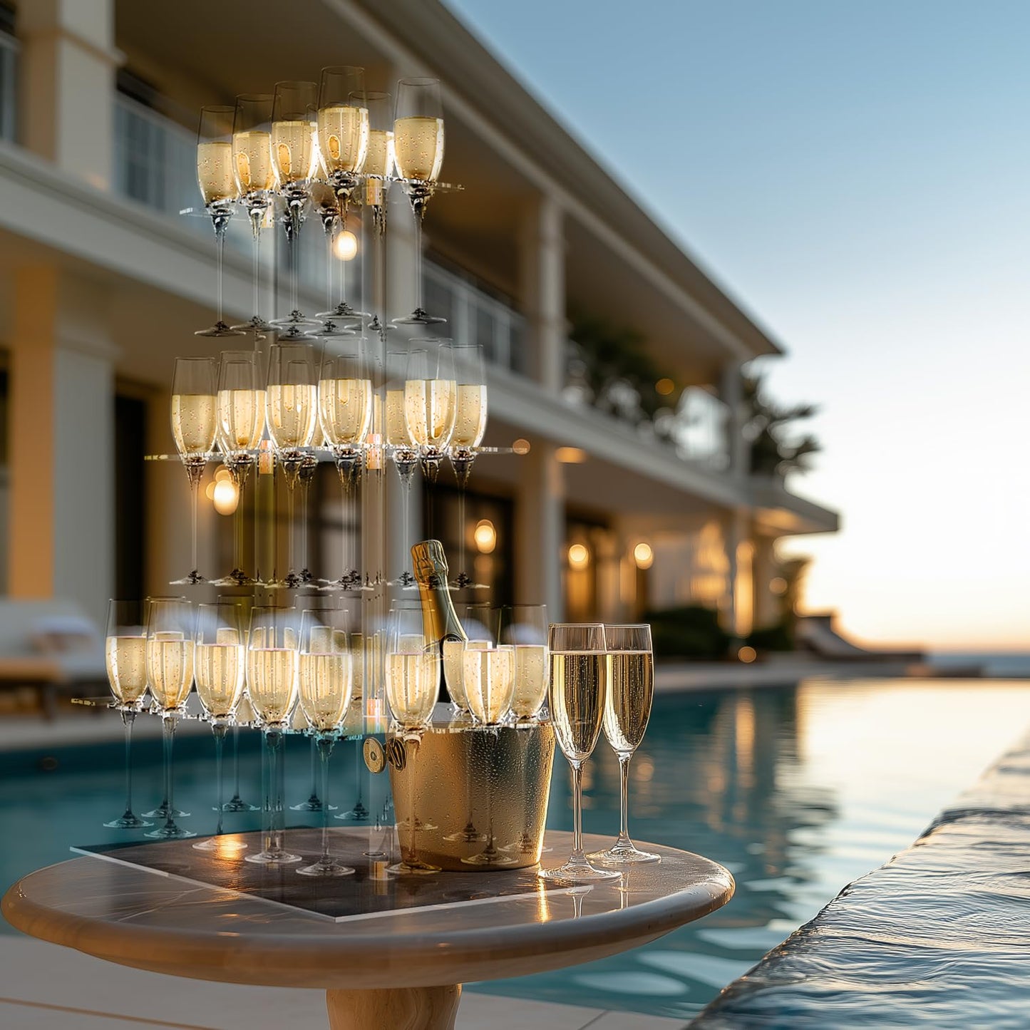 Champagne Display Holder Stand for Party With 32 Slots, Cocktail Tree Stand for Drinks 3 Tier Clear Acrylic Wine Glass Stemware Display Rack, Champagne Flute Wall Holder with Led Light for Party