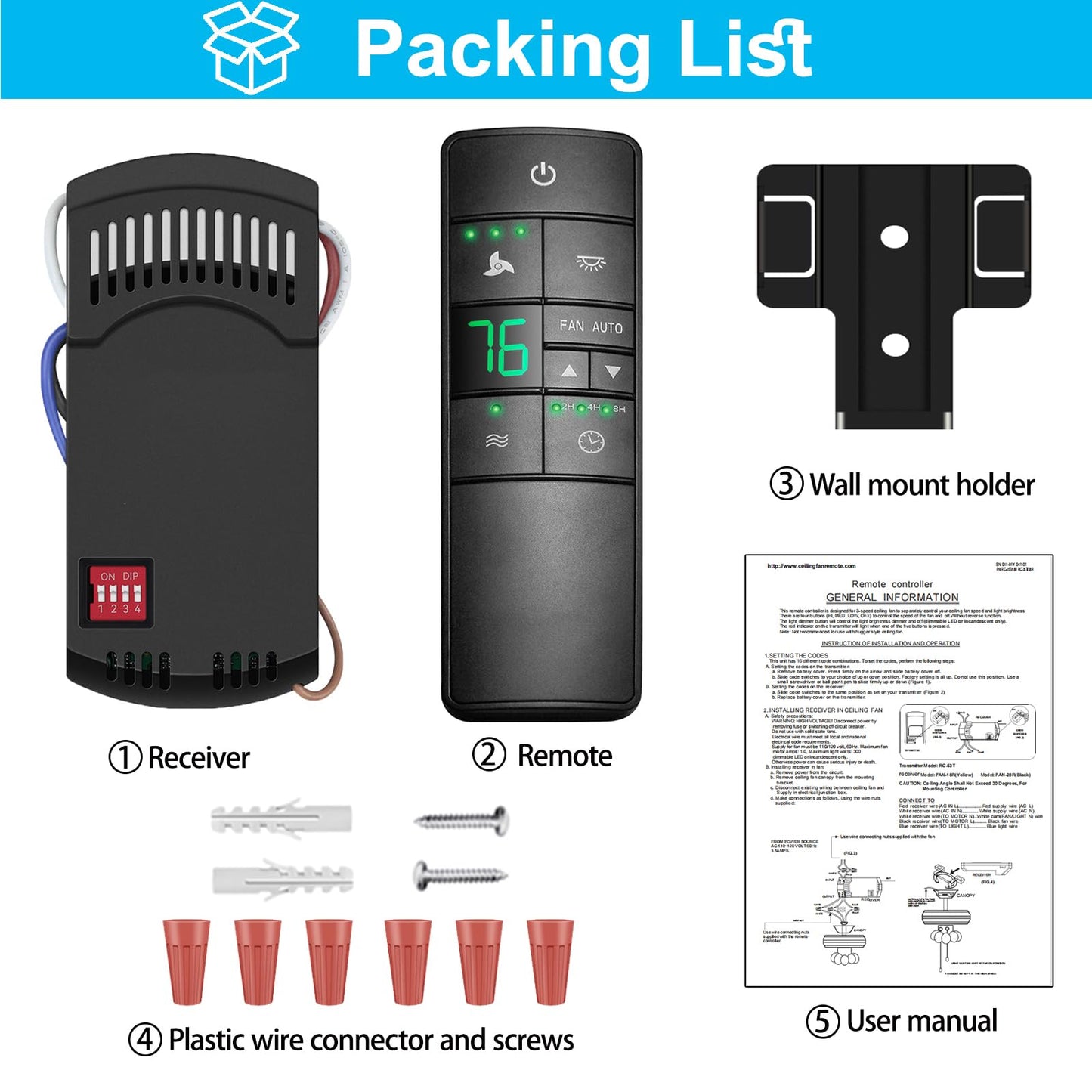 3-Speed Universal Ceiling Fan Remote Control Kit for Hampton Bay, Replacement for Home Decorators Collection Harbor Breeze Hunter, with Timer Light Dimmer, 2AAZPHD3/HD3 KUJCE10320/TR222A