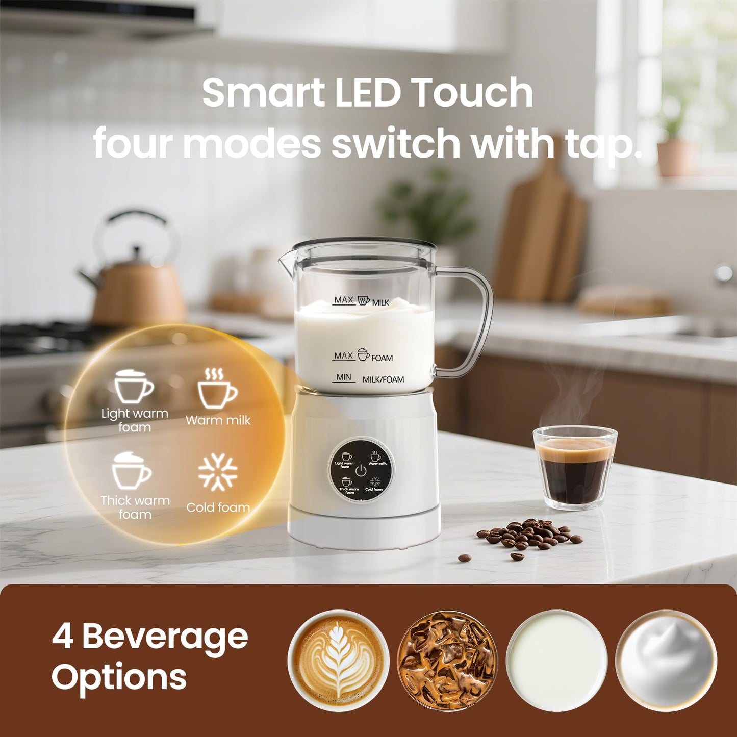 Casimhu 4-in-1 Milk Frother, Electric Milk Frother and Steamer with LED Touch Screen, Ceramic Lining Bottom, Milk Warmer 13.52oz for Lattes, Cappuccinos, and Macchiatos at Home (White)