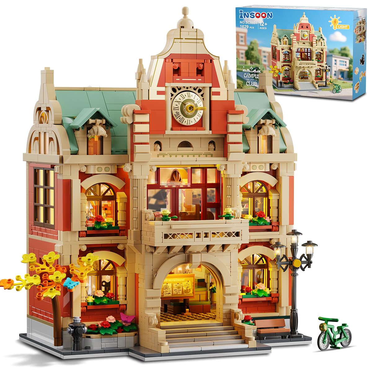 INSOON University Club House Building Set with Light,1629PCS City Campus Architecture Model with Painting Drama Baking Music Club, Home Decor Construction Building Block Gift for Adults Boys Girls 12+