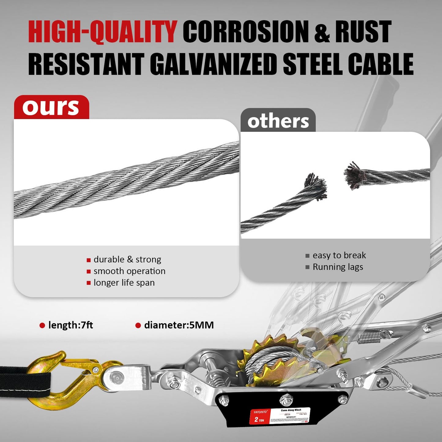 YATOINTO Come Along Winch 2 T Pulling Capacity 7 FT Steel Cable 2 Hooks Heavy Duty Ratchet Power Puller Tool with Dual Gears Automotive Hoist Cable Puller Ideal for Vehicle Rescue.