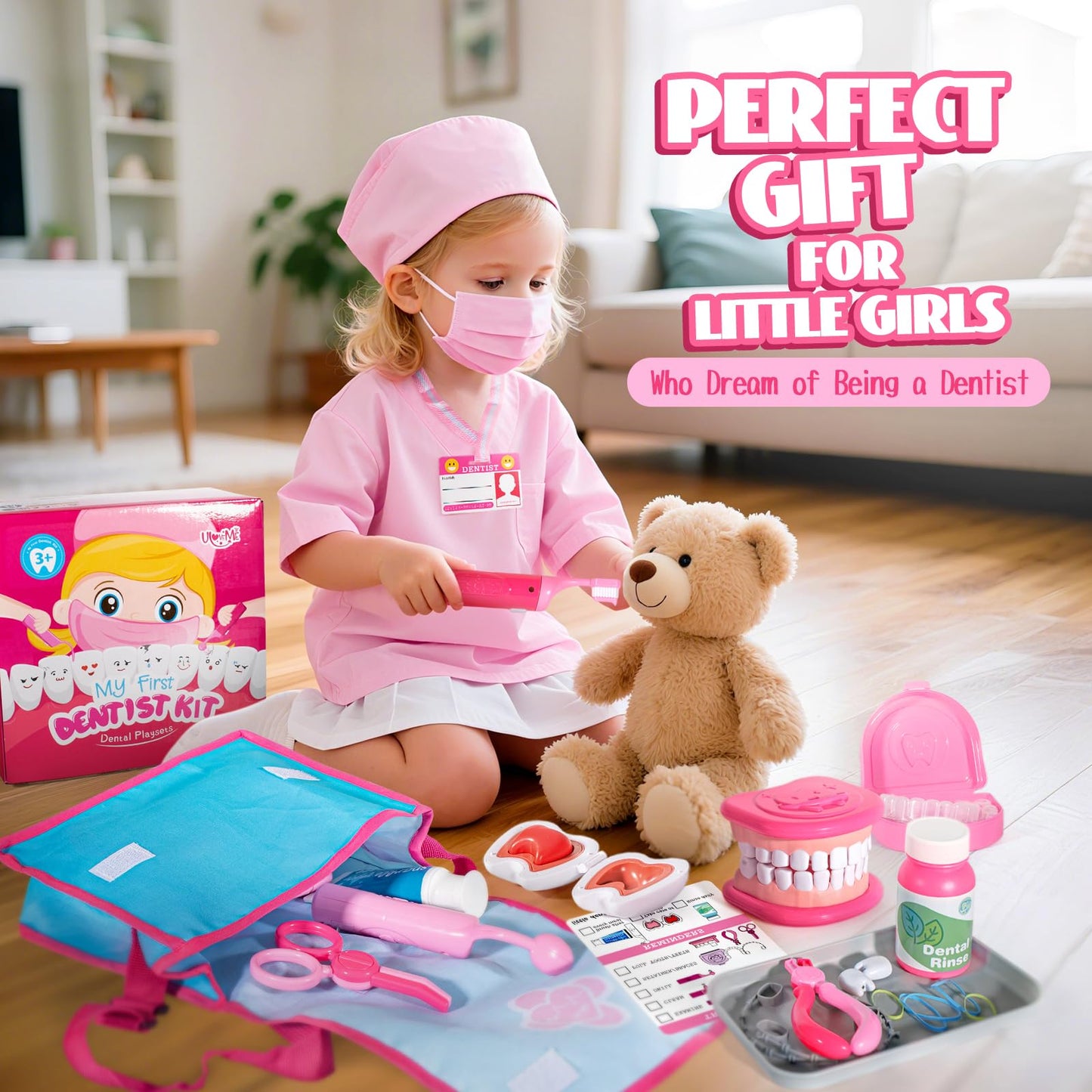 ULOVEME Kids Dentist Play Set Pink with Braces /Removable Teeth /Retainer - Doctor Kit for Toddlers 3-5 - Educational Toys for 4+ Year Old Girls - Pretend Play Toy for Ages 5-7 (Pink)