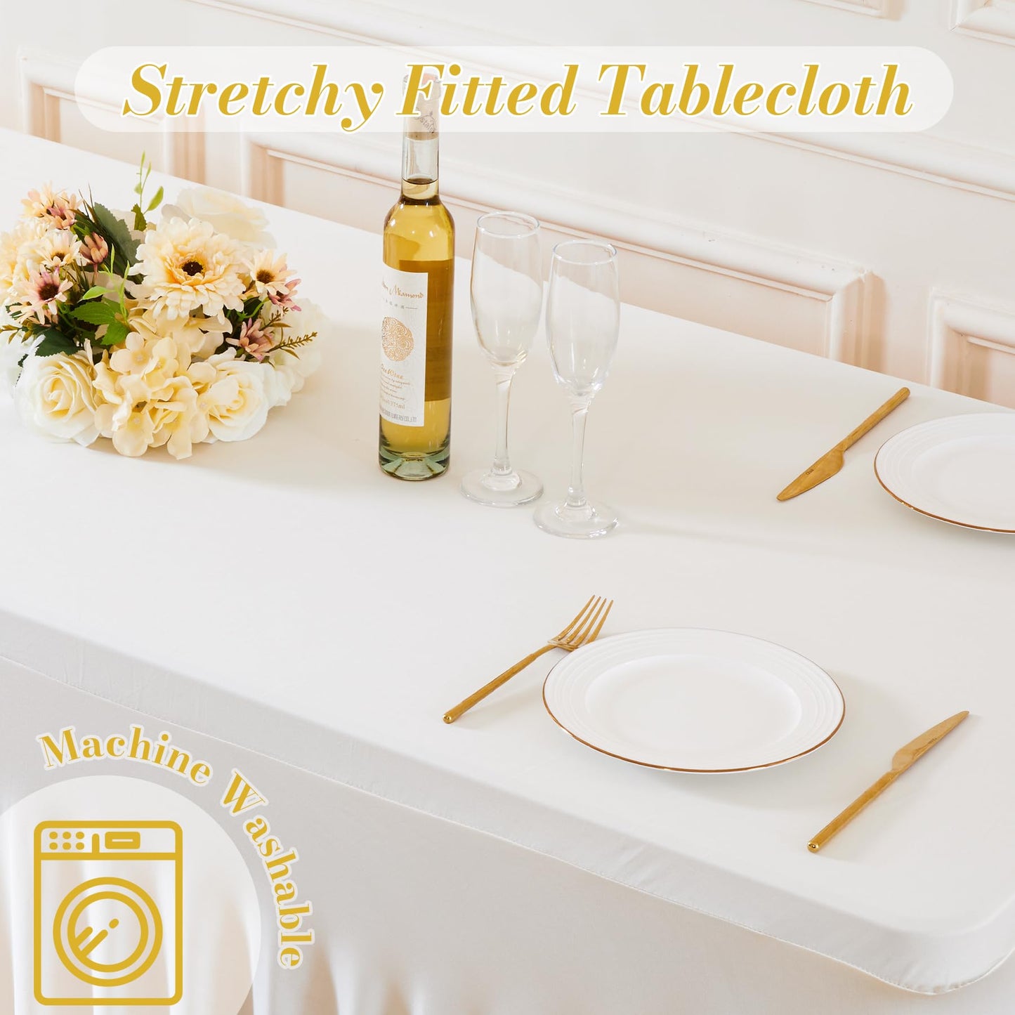 2 Pack Spandex Ivory Fitted Table Cloth for 6ft Rectangle Tables Ivory Stretch Tablecloth Table Covers Banquet Table Clothes Wrinkle Free Table Skirt for Parties Wedding