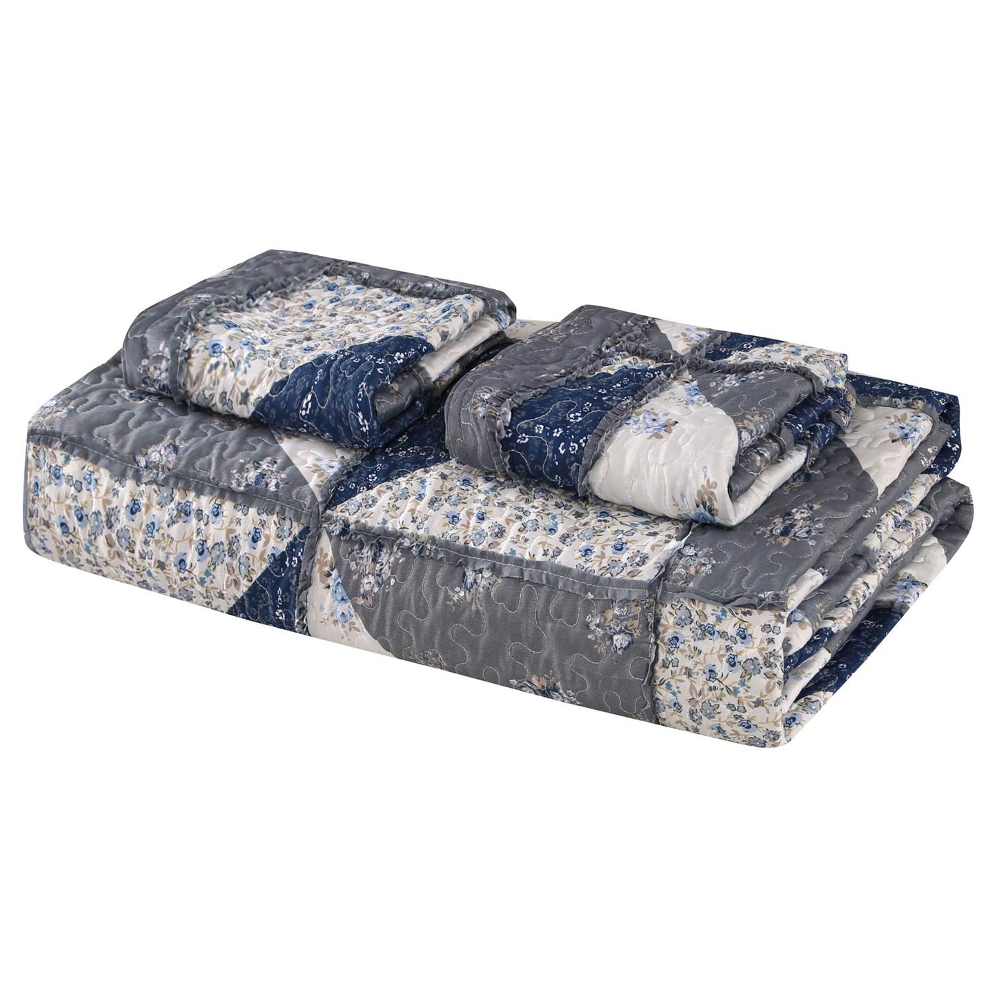 Oversized King Size Grey Floral Plaid Patchwork Quilt Set 128x120 Extra Wide Super King Size Rversible Quilted Bedspread Coverlet Set 3-Piece Comforter Bedding Set Bed Cover with 2 Pillow Shams
