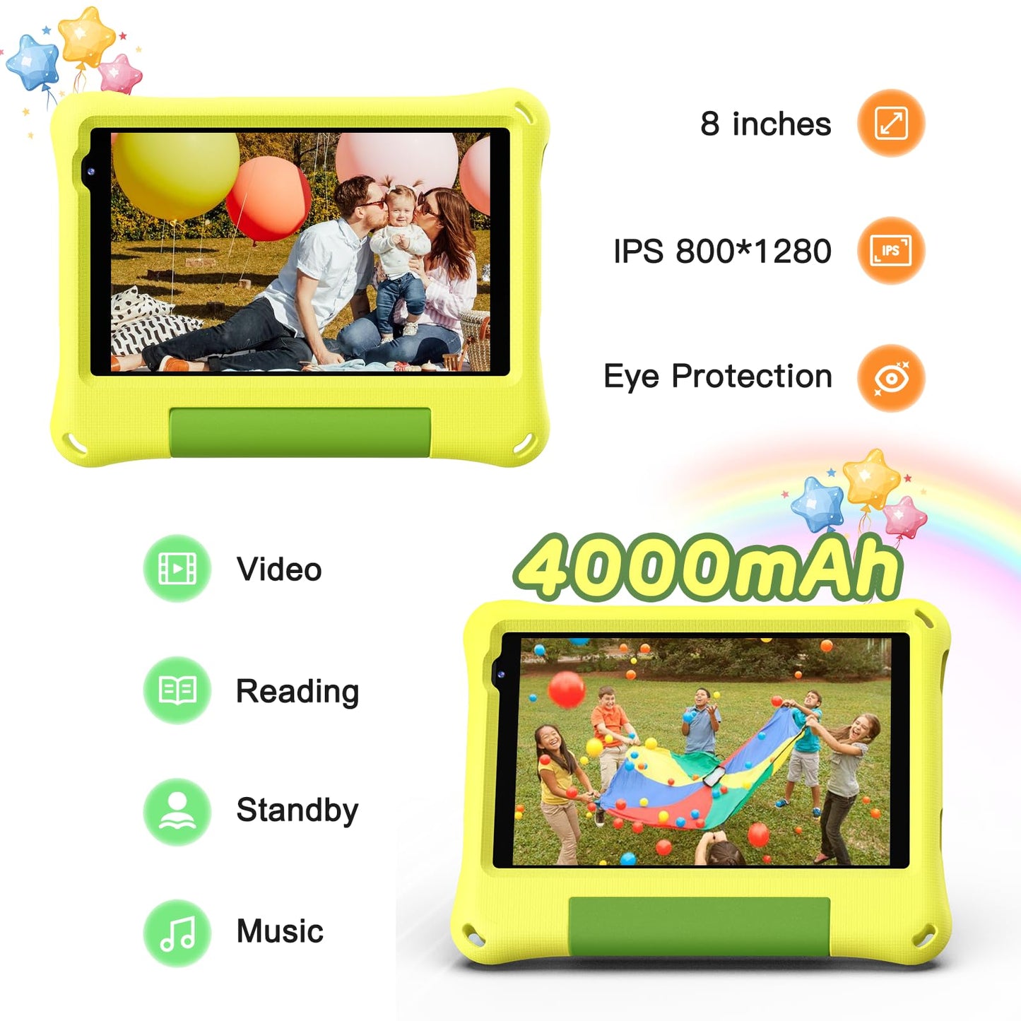 CALLSKY-NOTE Android 14 Kids Tablet 8 Inch Tablet for Kids Octa-Core 8GB+64GB Toddler Tablet with EVA Case Child Learning Tablet with YouTube, WiFi 6, Parental Control, Bluetooth 5.4, Yellow