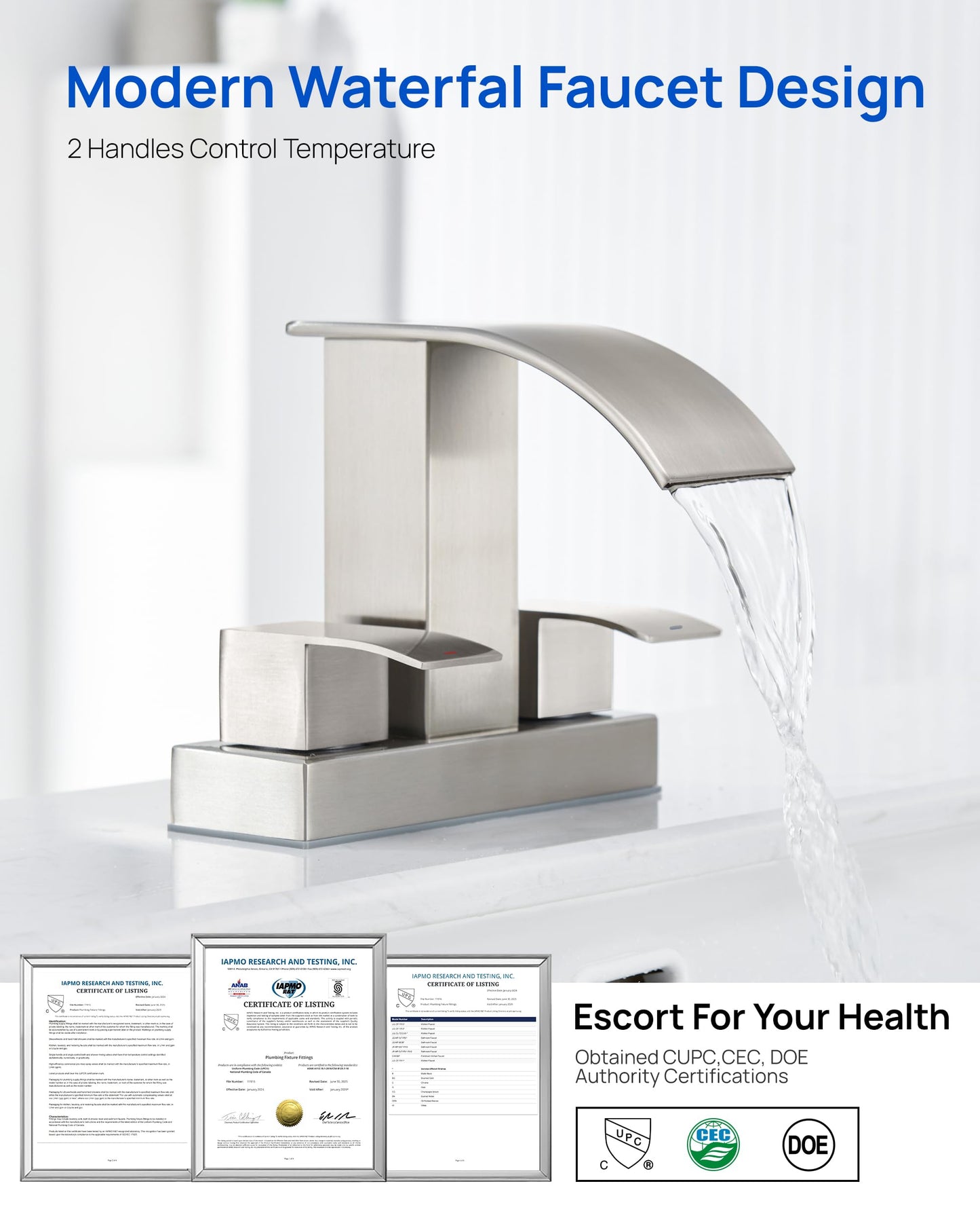 Waterfall Bathroom Sink Faucet Set with Pop Up Drain Stopper & Supply Lines - 4 Inch 2 Handles Centerset Faucet 2 or 3 Hole Lavatory Faucet Bathroom Vanity Mixer Tap Basin Faucets Brushed Nickel