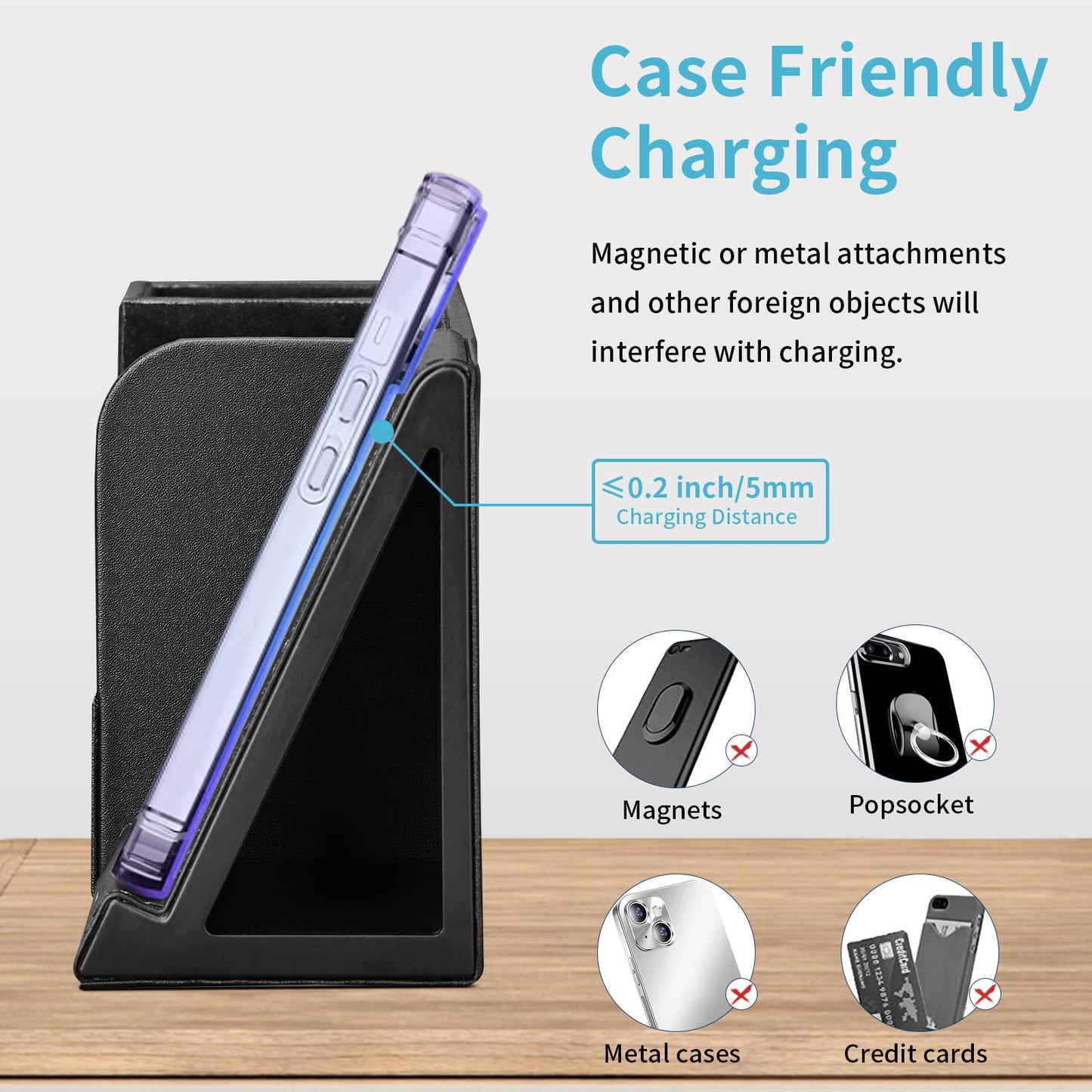 KINGFOM PU Leather Desk Organizer with Wireless Charging Station for iPhone, 10W Wireless Charger for iPhone 14/14 Pro/13/12/Samsung Galaxy S23/S22/S21/Note 20/Note 10(Black-L)
