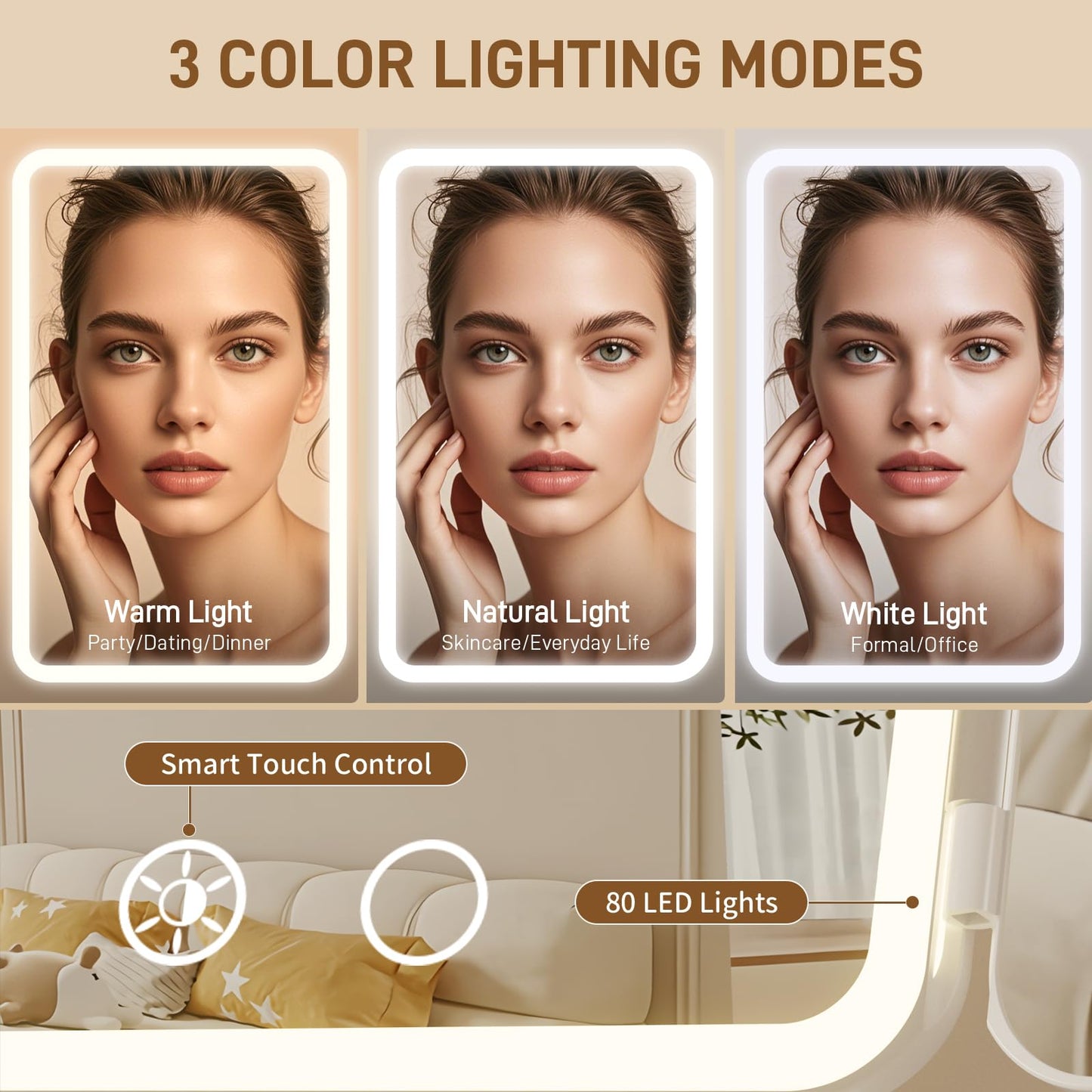 FRANO Makeup Mirror with Lights, Rechargeable Tri-Fold Magnifying Mirror,Touch Screen and 3X/5X/10X Magnification, Travel Mirror