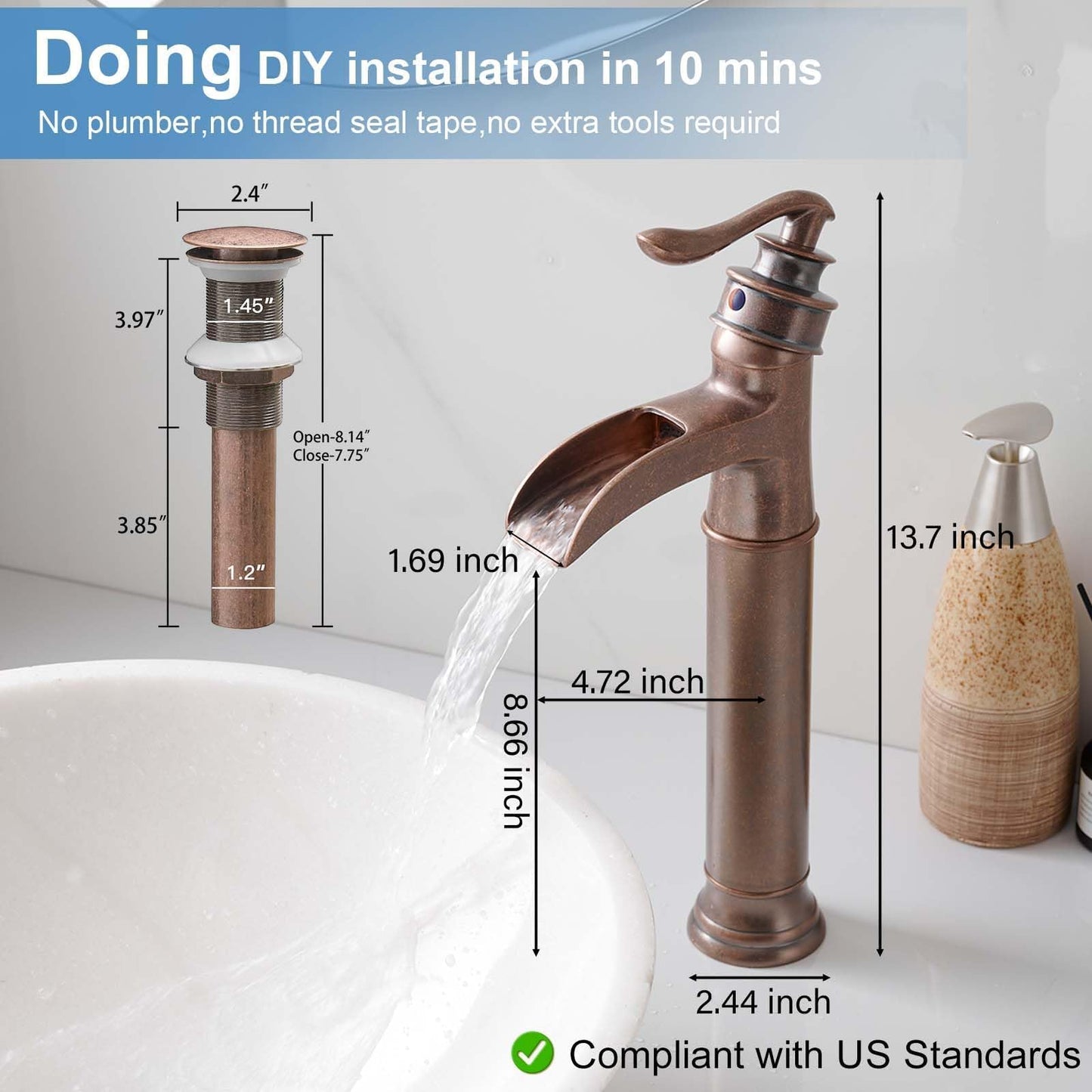 Vessel Sink Faucet Copper Tall Bathroom Faucets Waterfall Single Handle 1 Hole Farmhouse Antique with Pop up Drain Assembly and Supply Lines Mixer Tap Without Overflow Counter Top