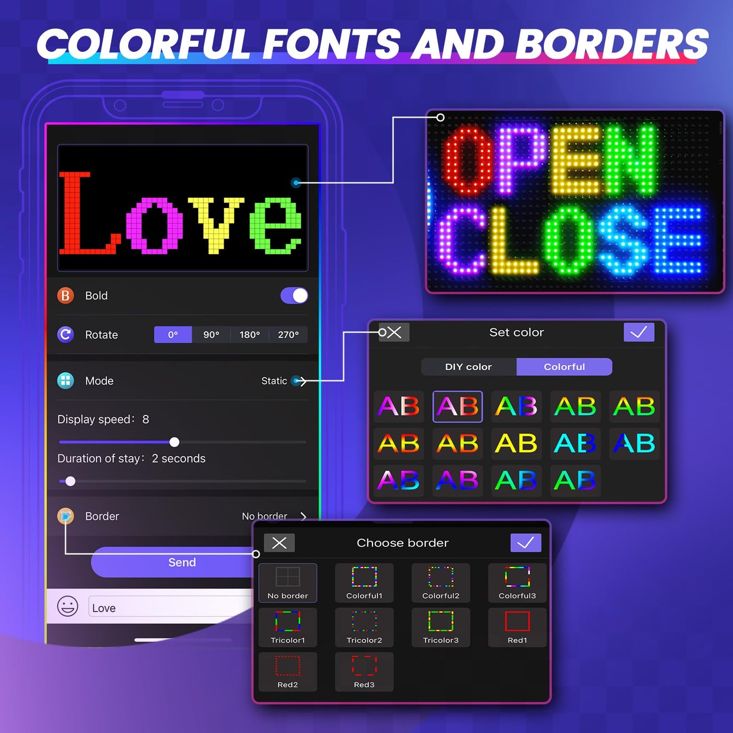 Rayhome Full Color Double Row Scrolling LED Light Sign, 17''x6.3'' Flexible 5V/2A Bluetooth APP Control LED Signs Custom Text Message Pattern Programmable LED Display for Car Store.