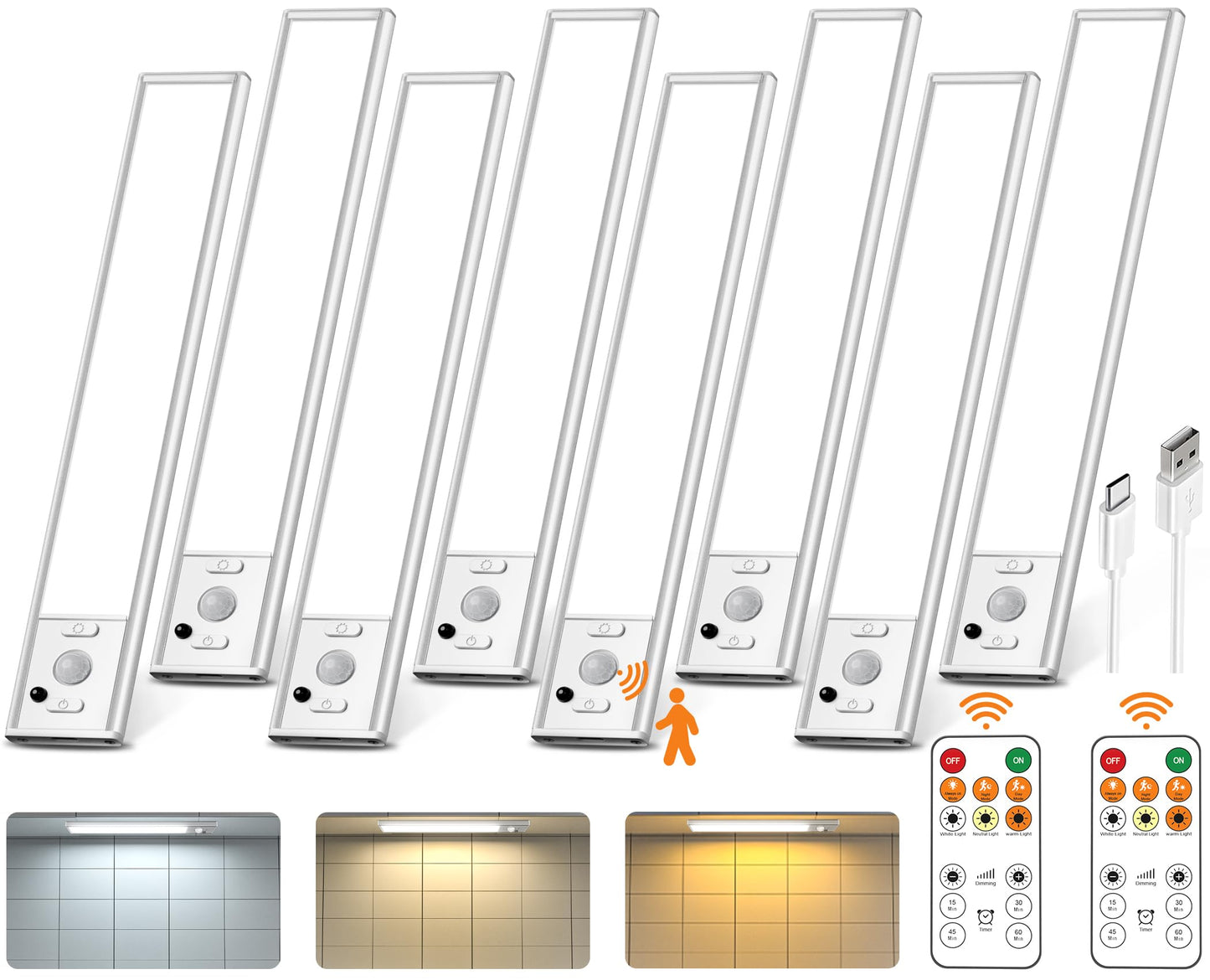 Under Cabinet Lights with Remote Control, USB Rechargeable LED Motion Sensor Light Indoor, Magnetic Wireless Under Counter Lights, 3 Color Dimmable Closet Lights for Kitchen,Cabinet,Bedroom, 8 Pack
