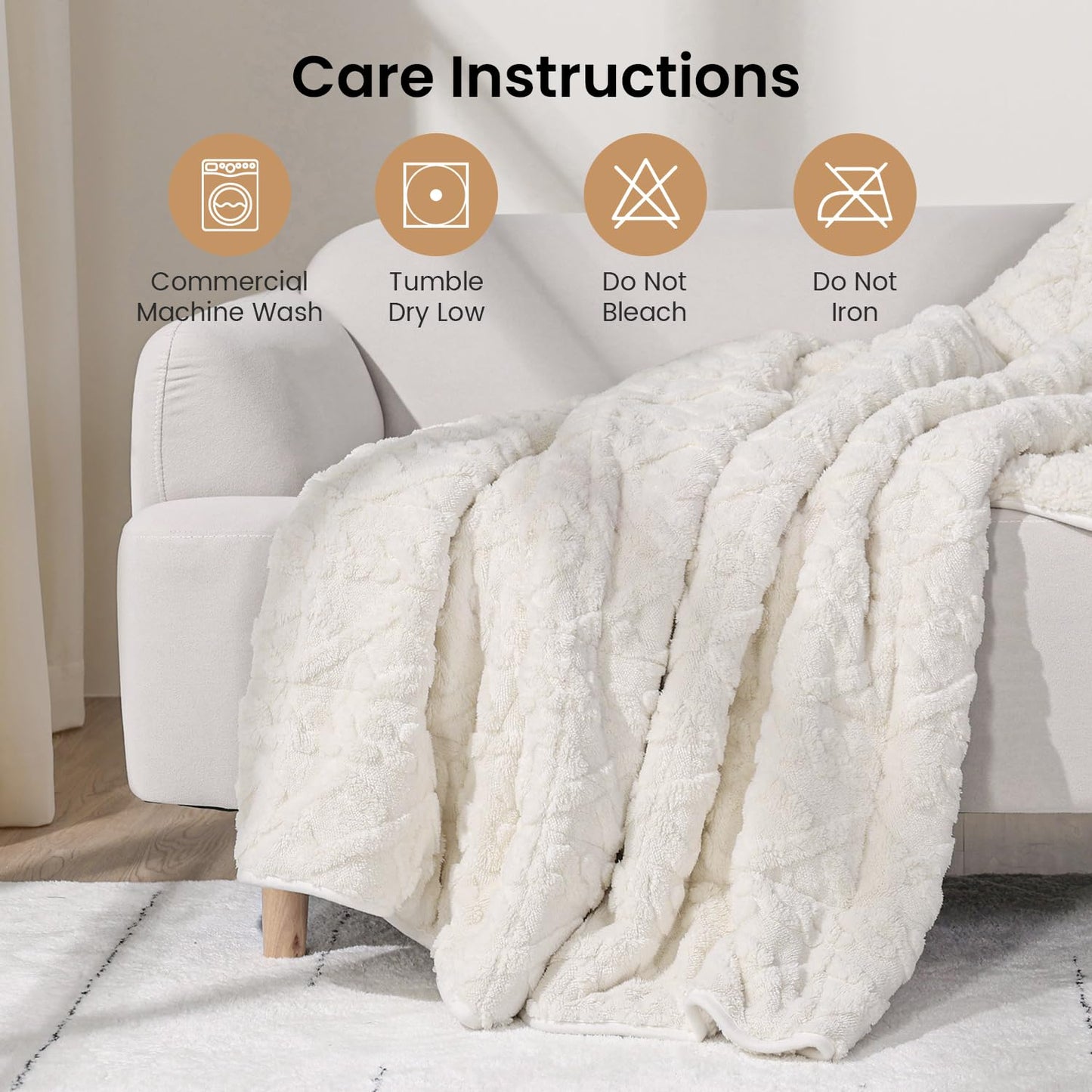 Drewin Weighted Blanket 15lbs Queen Size, Soft and Thick Jacquard Sherpa Throw Blanket for Calm and Relax, Dual Sided Ultra Cozy Fluffy Heavy Blankets with Ceramic Beads, 60 x 80 inches, Cream White
